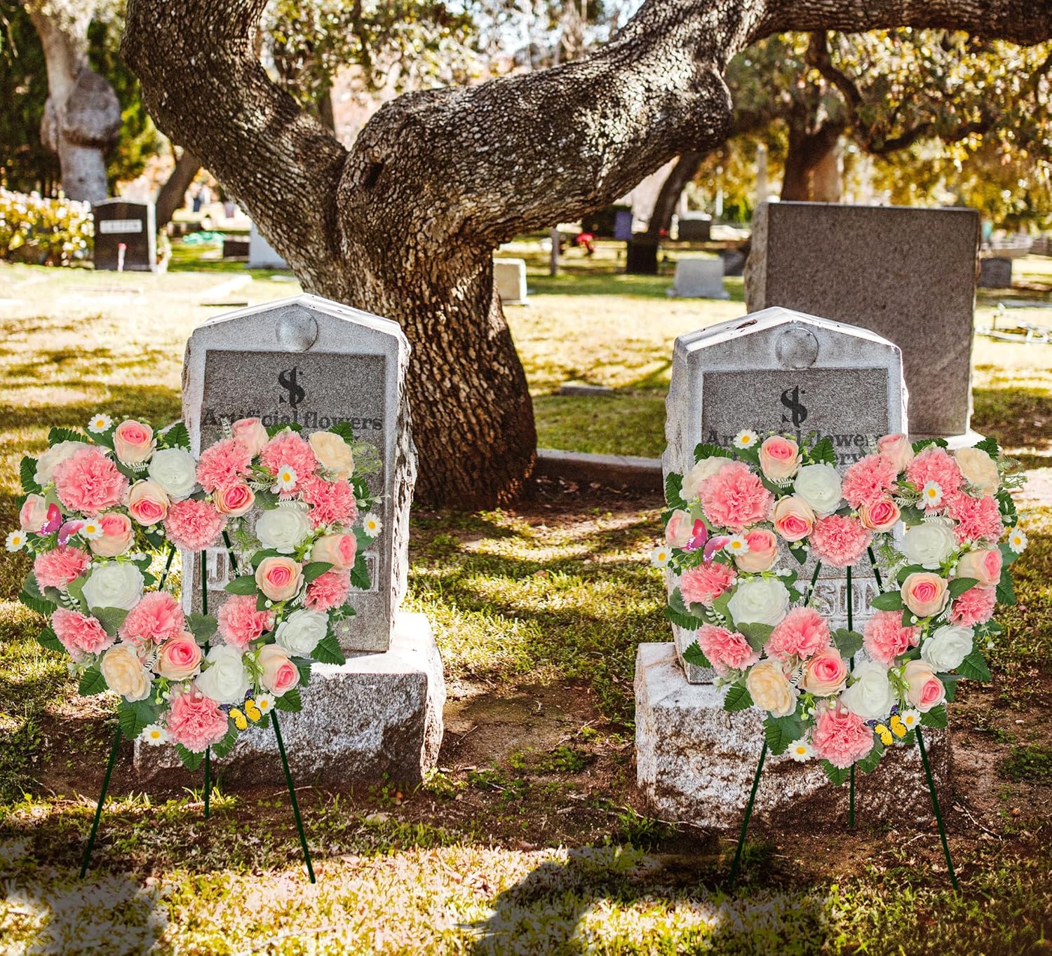 Cemetery Wreaths for Christmas - Ebullient Standing Heart, Grave Wreath with Easel Stand,Memorial Floral- Carnation Rose