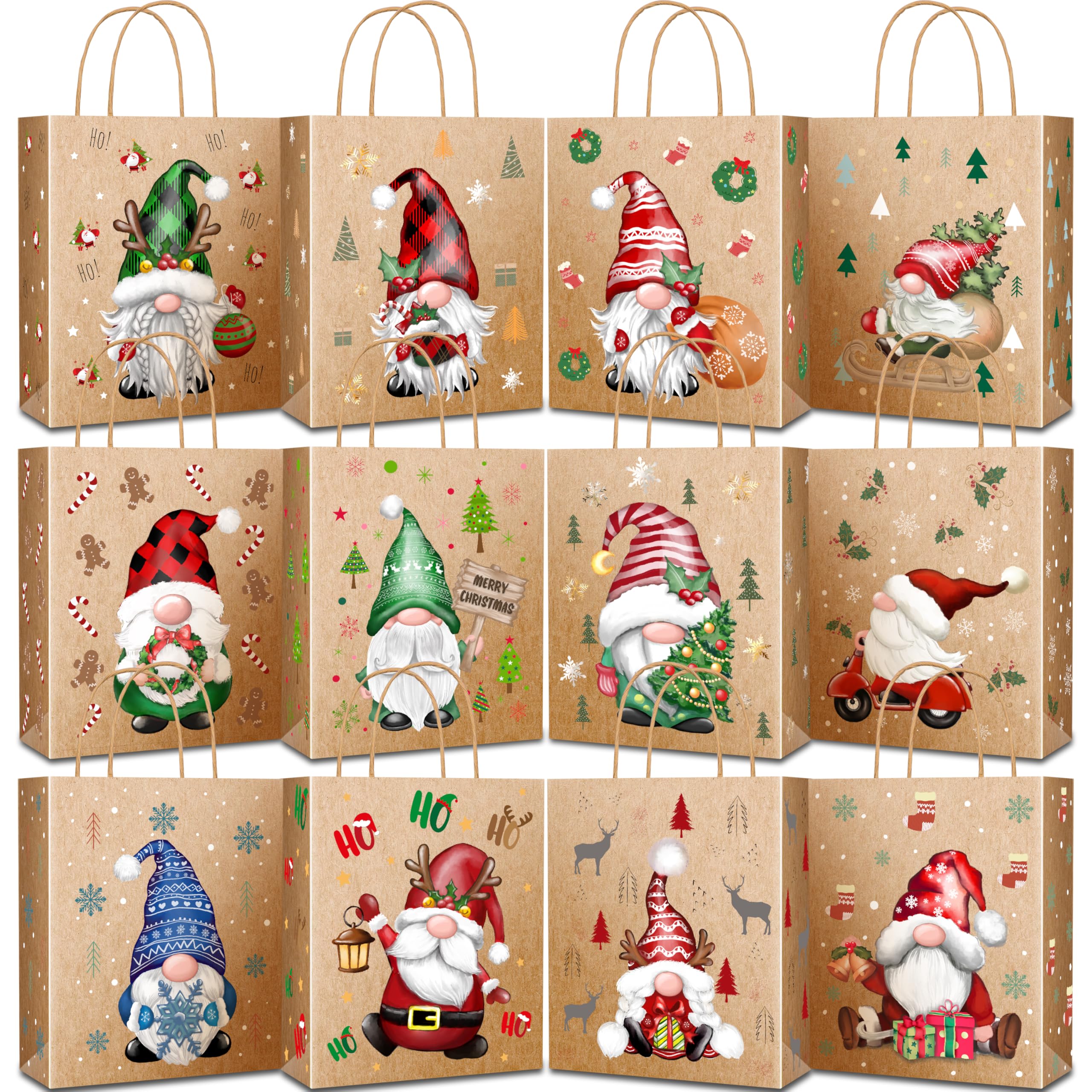 JOPHMO 24PCS Christmas Gift Bags With Handles, Christmas Bags for Gifts Brown Kraft Paper Gift Bags Bulk Xmas Gnome Goody for Holiday Party Favors