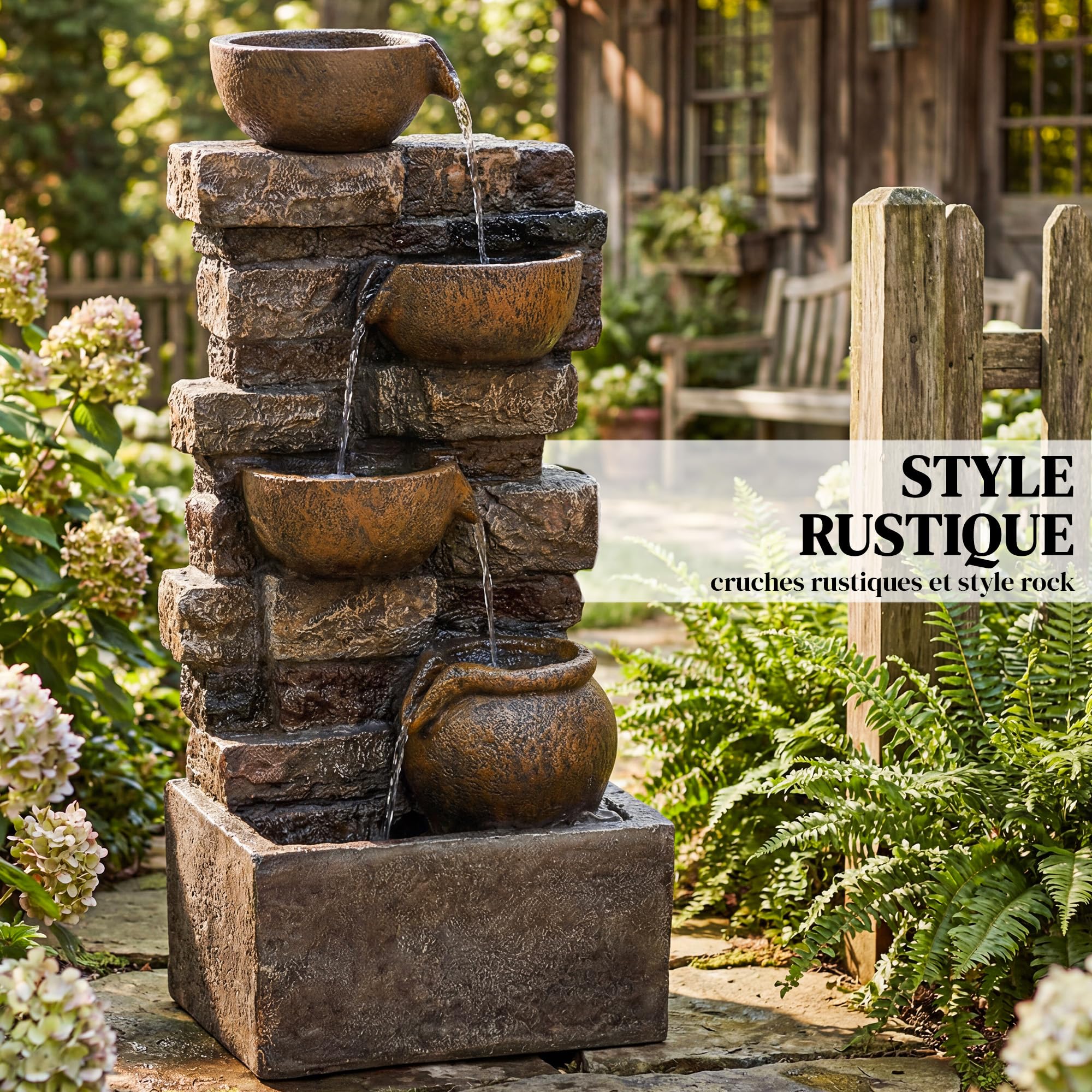 Outsunny Fontaine Extérieure 72 cm avec 5 Niveaux de Pichets Rustiques et Design Roche, Cascade Moderne avec Lumières LED, Débit Réglable, Fontaine de Jardin Autoportante en Résine, Marron Rustique