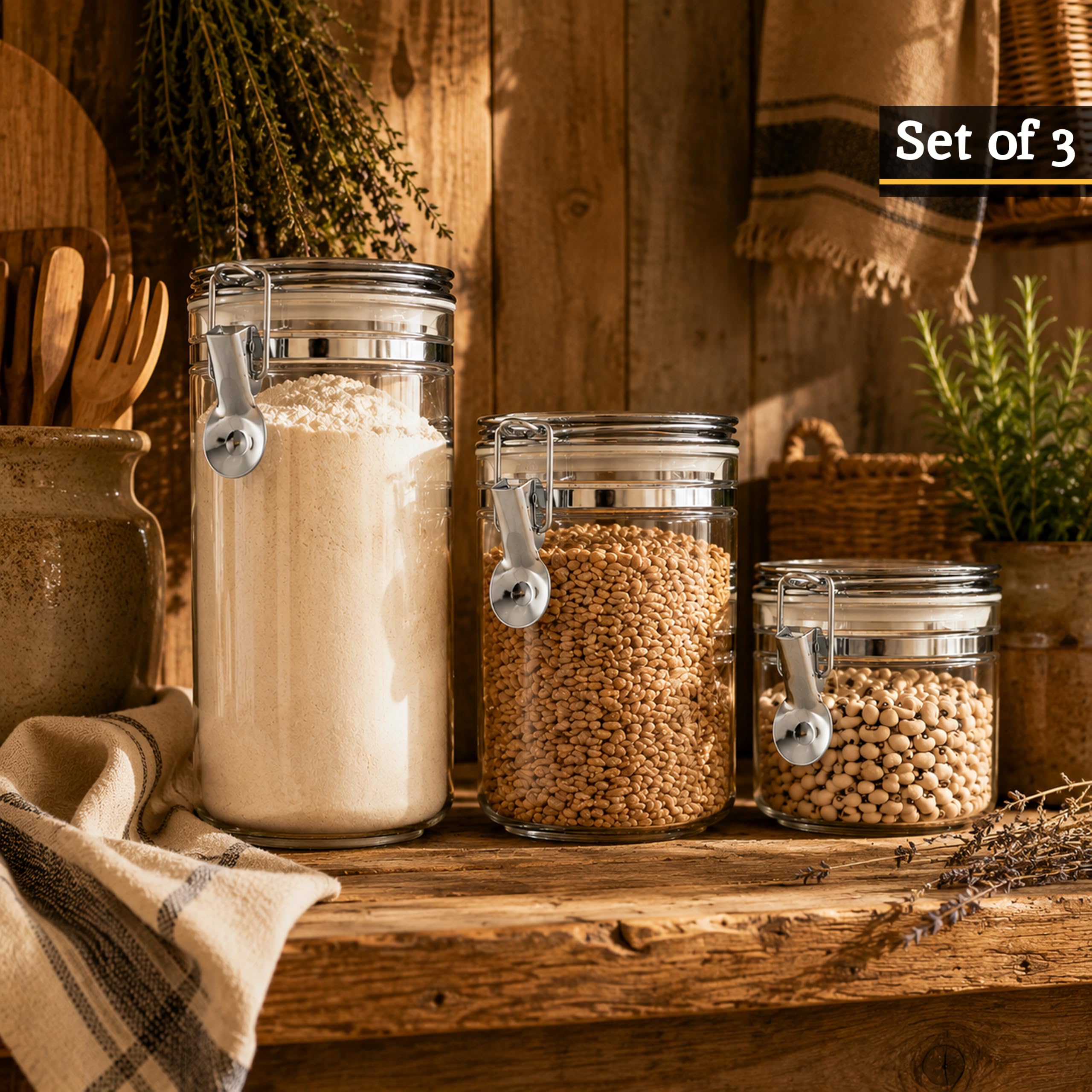 Premier Housewares - Juego de 3 tarros de cristal con tapas plateadas, herméticos