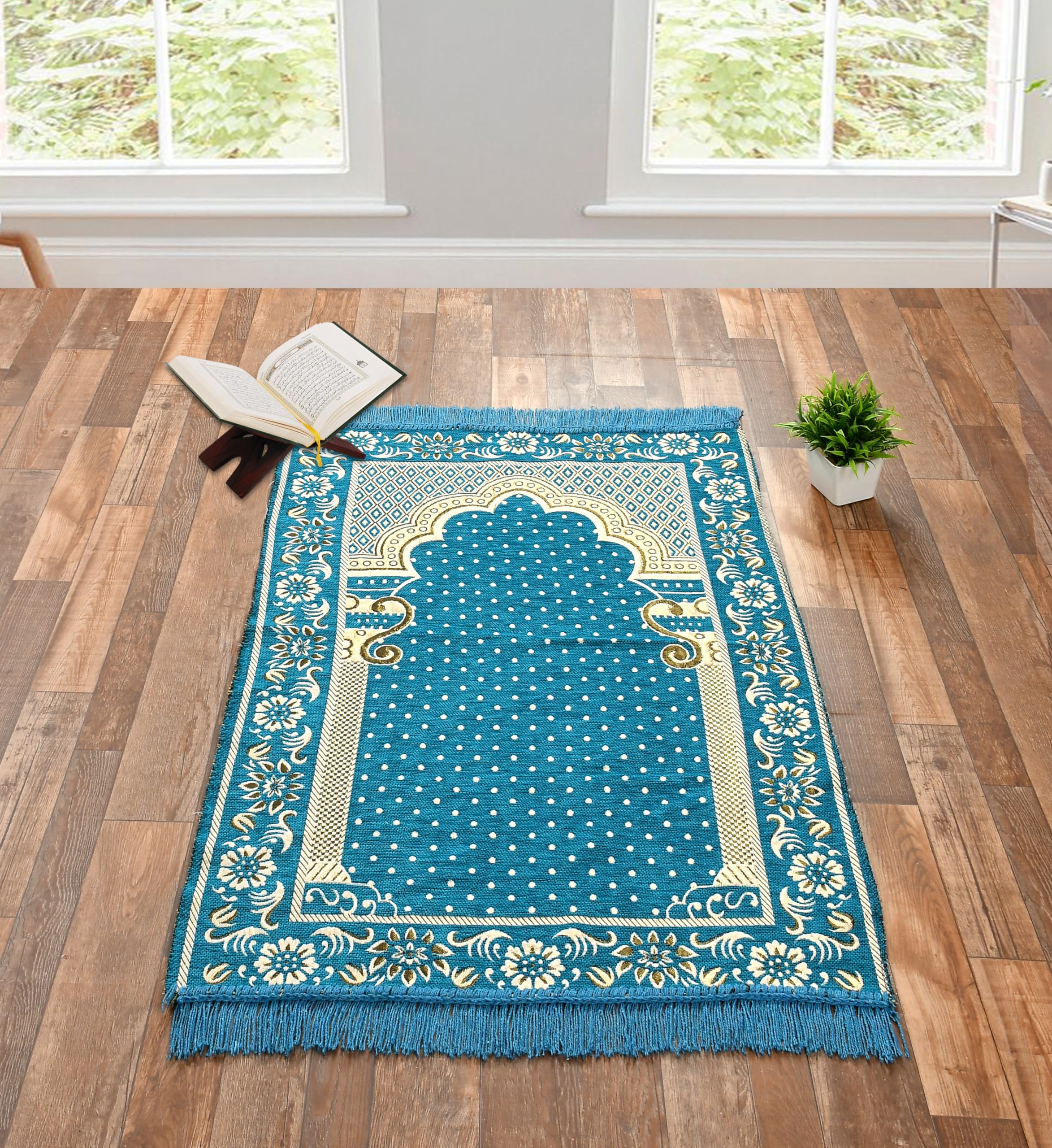 Furnishing Hut Velvet Chenille Super Soft Rectangular Designer Janamaz Namaz Prayer Mat 70 X 110 Cm Aqua Blue-image-27
