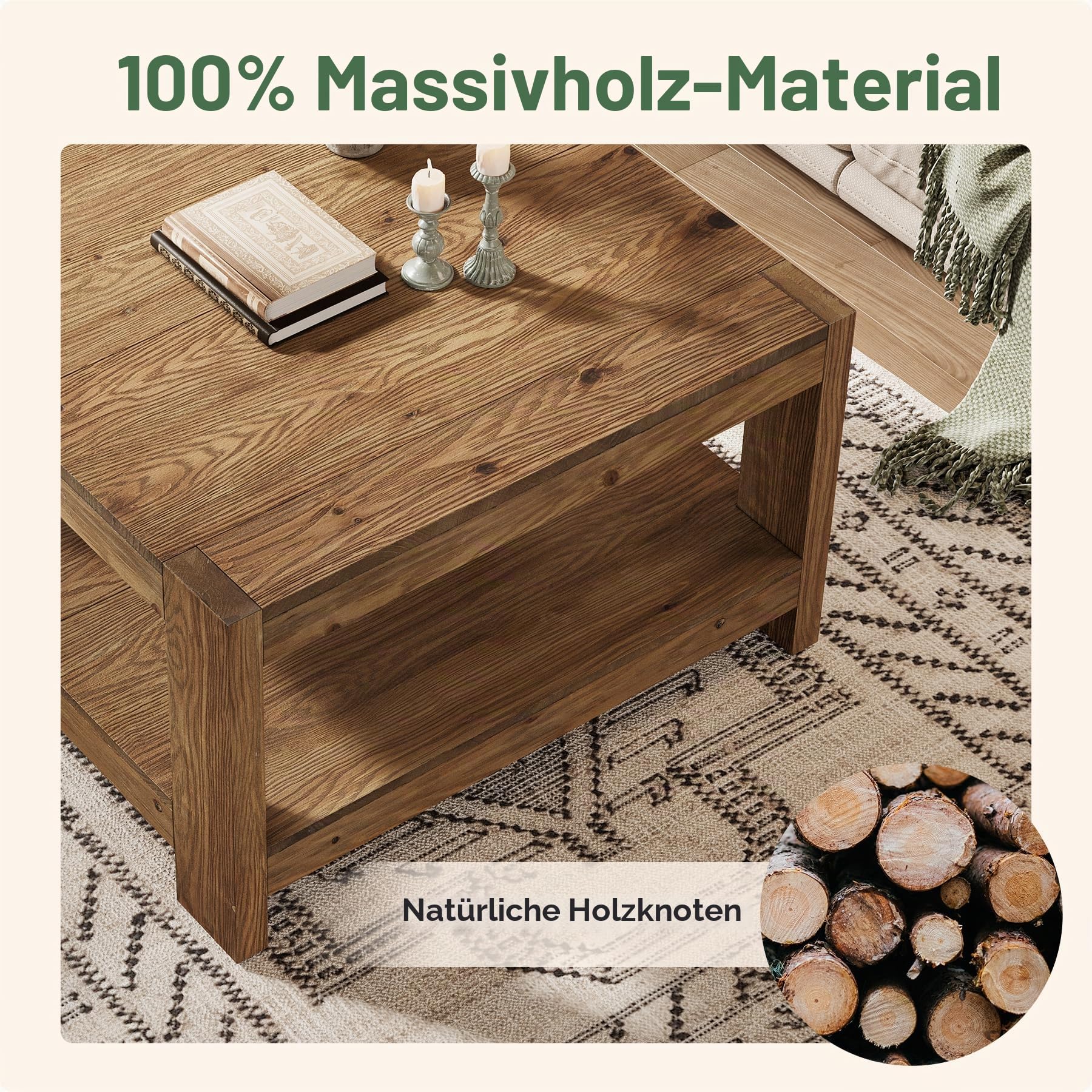 Massivholz Couchtisch Quadratisch 80 x 80 cm, Landhausstil Wohnzimmertisch mit Stauraum Braun, 2-stöckiger Sofatisch aus Holz im Landhausstil, Kaffeetisch für Wohnzimmer, Büro, kleine Räume