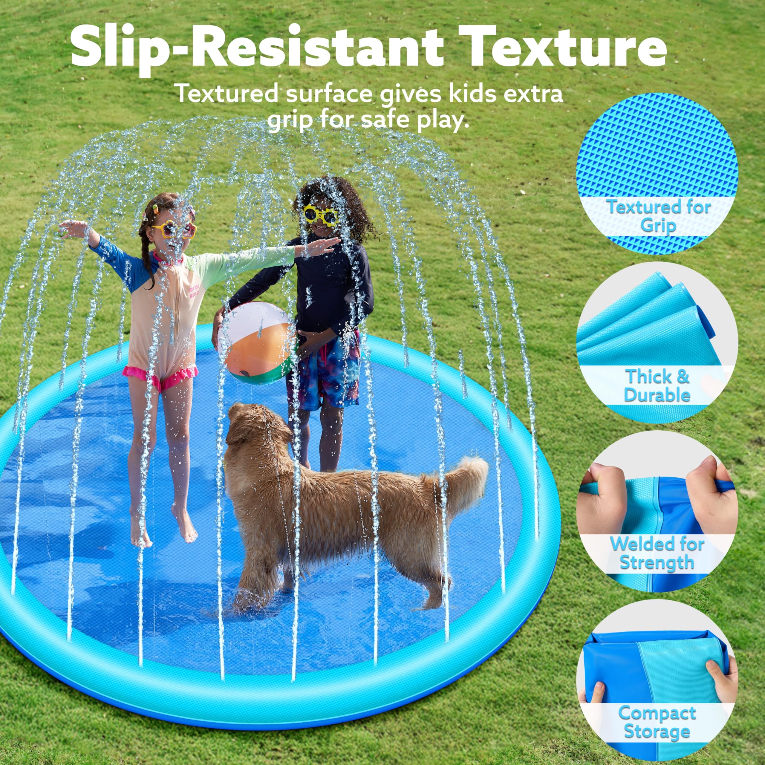 Tapete antideslizante de 72 pulgadas para salpicaduras, juguetes de agua para exteriores, tapete de juego para niños y perros, regadera gruesa exterior para fiestas en la piscina, fuente 3