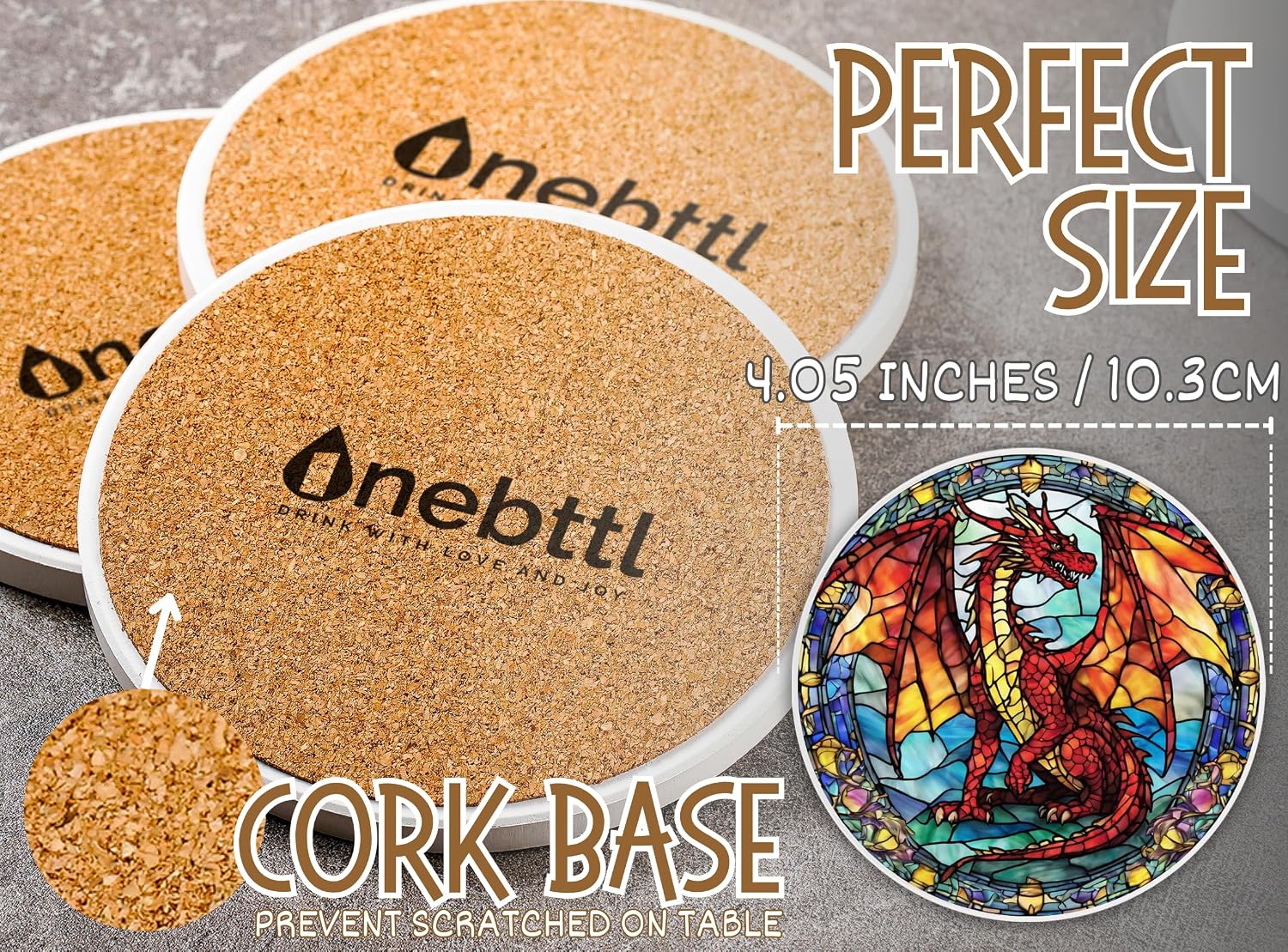 Onebttl Dragon Lover Gifts - Dragon Theme Coaster Set of 6, Bar Coasters, Stained Glass Style
