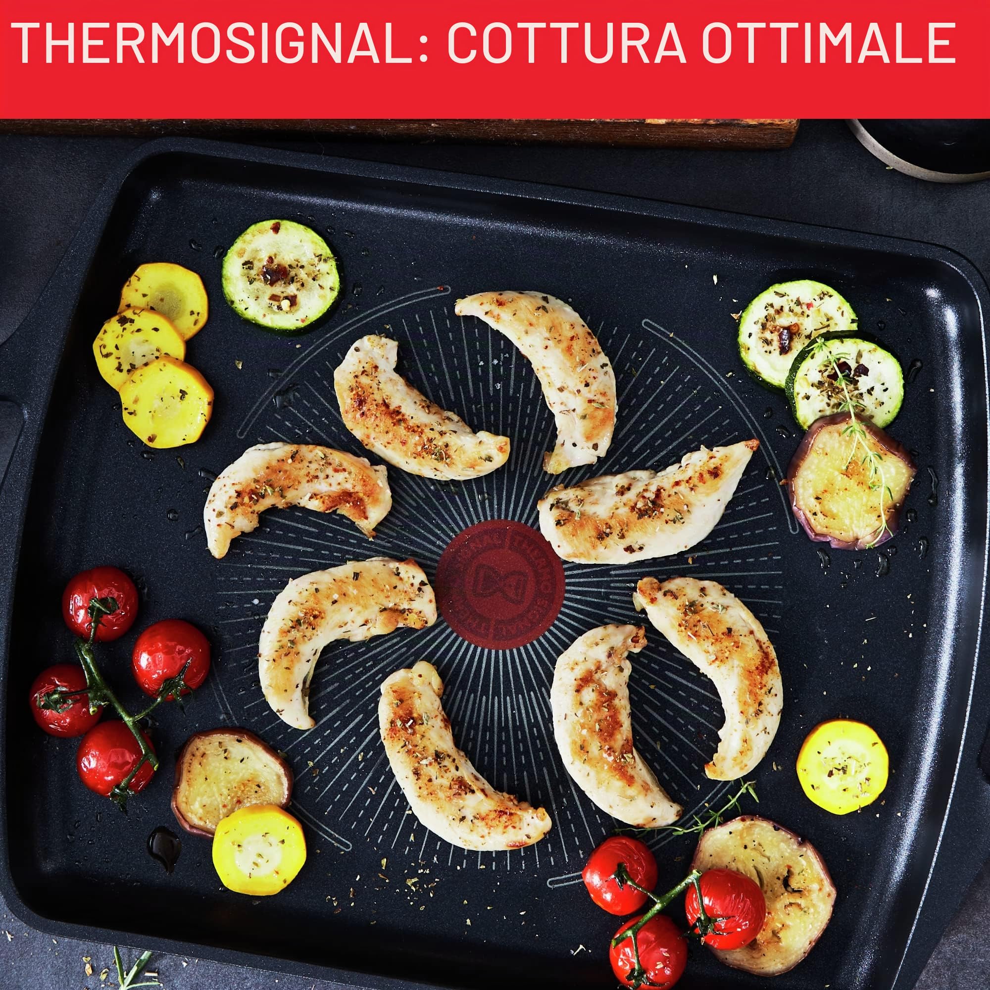 Tefal E2499845 Aroma On - Piastra in alluminio pressofuso, rivestimento in titanio antiaderente e thermosport, adatta a tutti i tipi di fornelli, base spessa adatta per induzione, 26 x 32 cm
