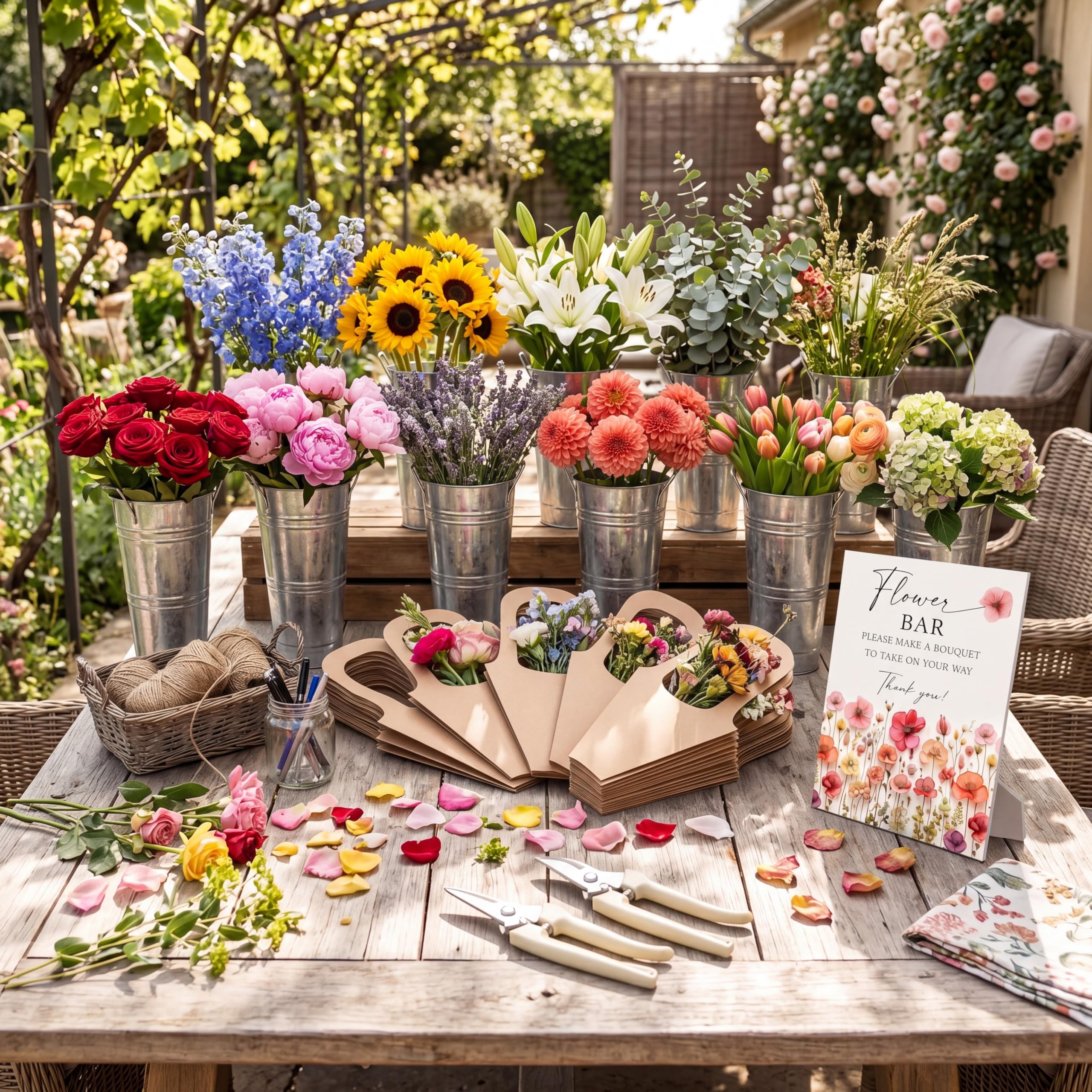 Photo 1 of LEIFIDE Flower Bar Buckets Set Kit Bloom Bar Supplies Include Wood Sign Gift Bags Iron Bucket Garden Flower Shears for Wedding Bridal Shower Graduation Birthday Table Centerpieces(39 Pcs,Silver)