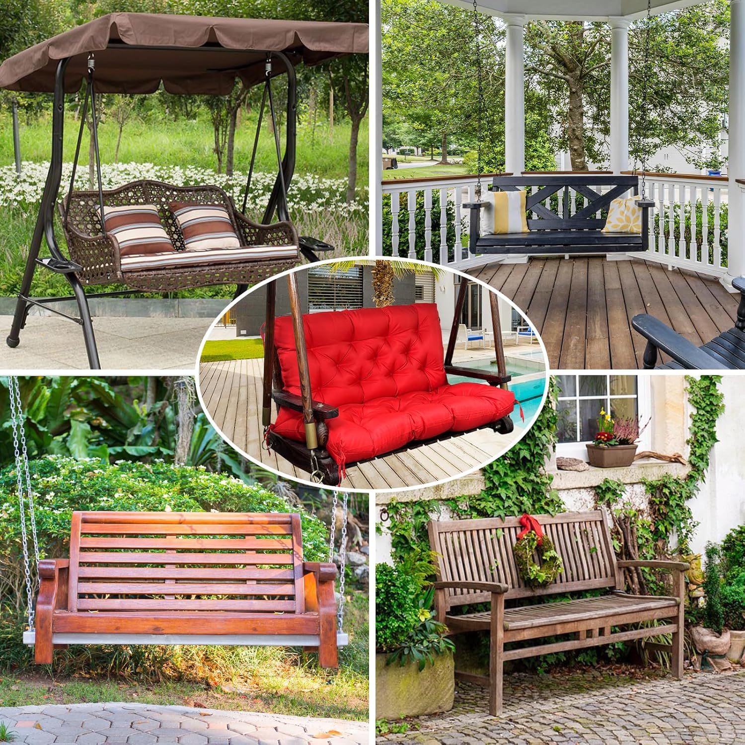 Porch Swing Replacement Cushions: 2-3 Seater Outdoor Waterproof Swing Cushions with Ties - Thick Swing Cushion with Backrest for Garden Patio Furniture Loveseat