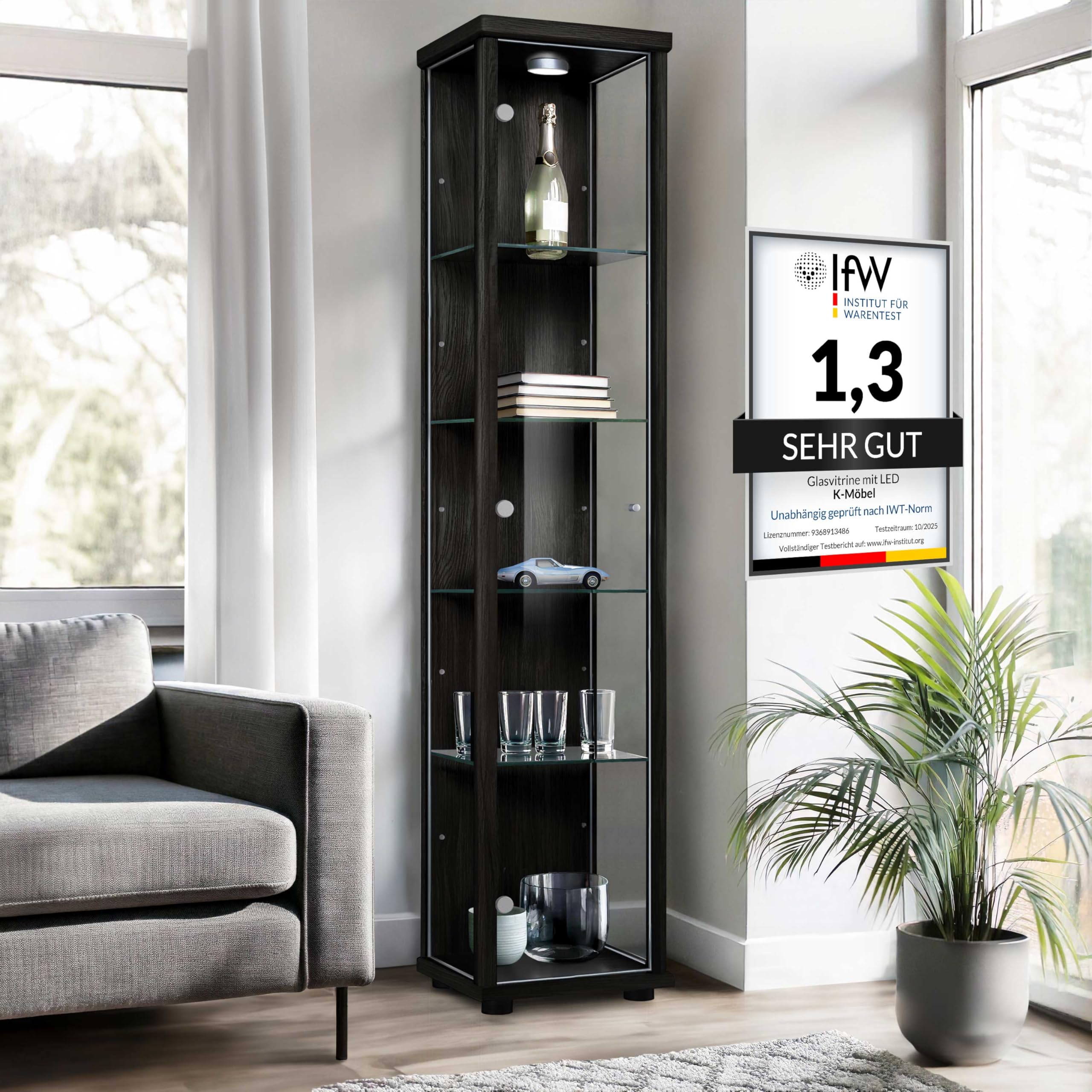 Glasvitrine Stehend (176x37x33cm) - Made in Germany - Vitrinenschrank Schwarz mit 4 höhenverstellbaren Glasböden & LED - Vitrine Glas stehend - Glasschrank - Display Cabinet