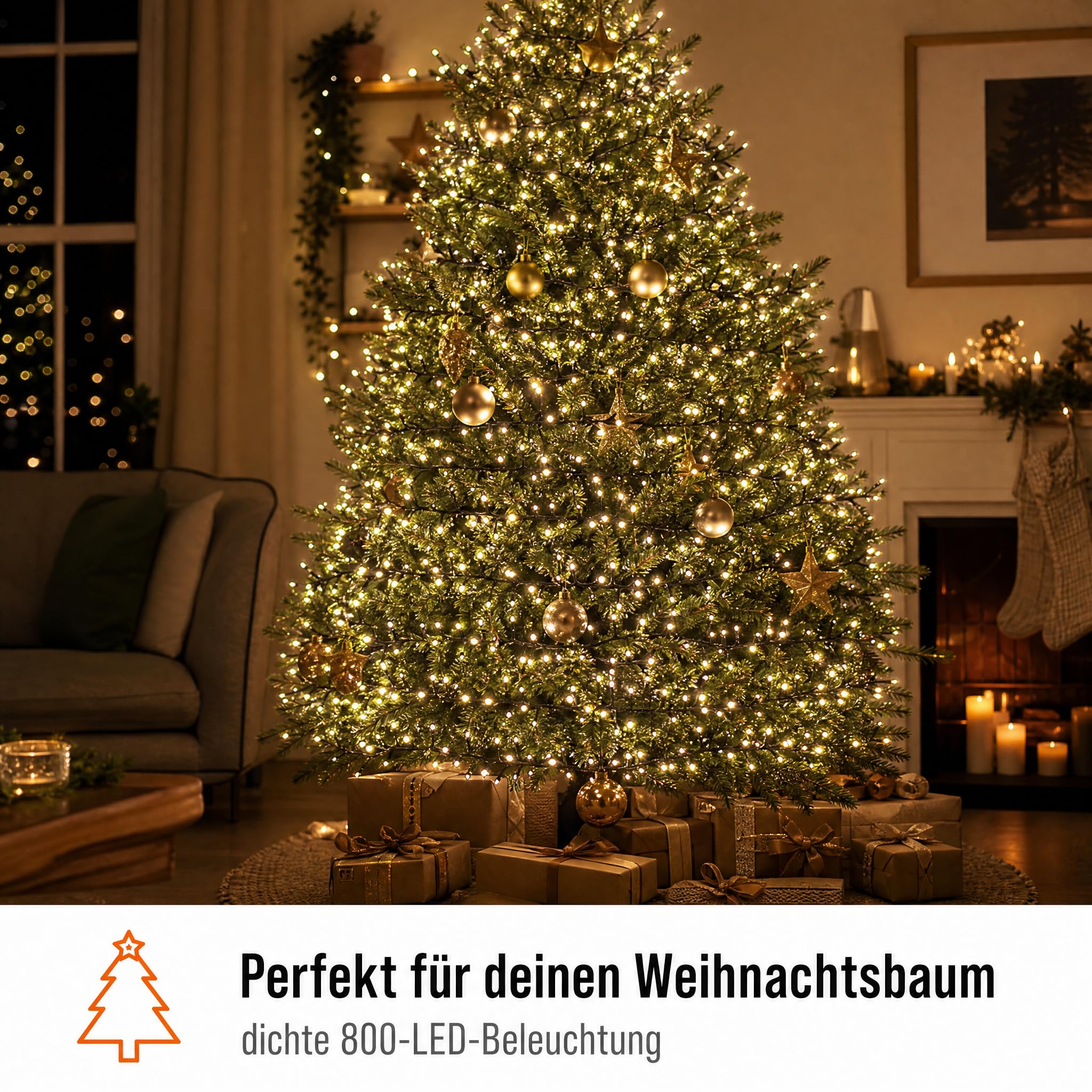 hellum Lichterkette Außen LED mit Stecker, 800 Mini-LED warmweiß, 15,98 m beleuchtet, schwarzes Kabel, für Weihnachtsbaum, Balkon & Terrasse, Gartenbeleuchtung, <59lm, 151893
