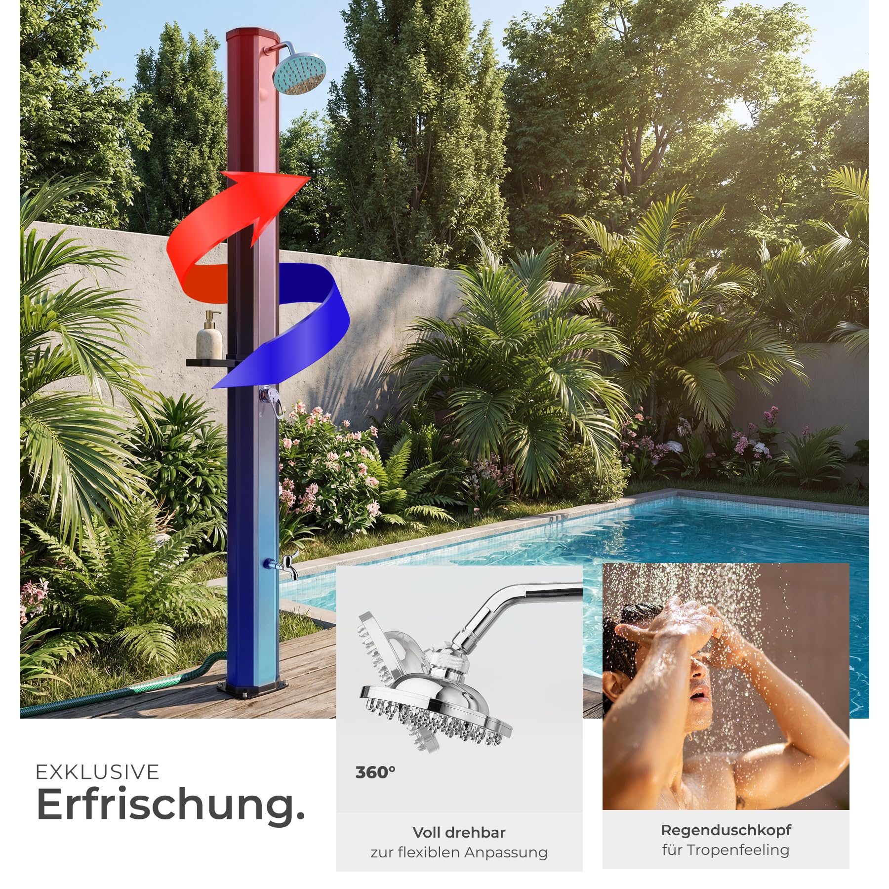 TecTake® Solardusche 35 l, bis 60° C warmes Wasser, drehbarer Regenduschkopf, mit Gartenschlauch-Anschluss und Wasserhahn, Solar Dusche Garten, Gartendusche, Camping Dusche - schwarz/Silber