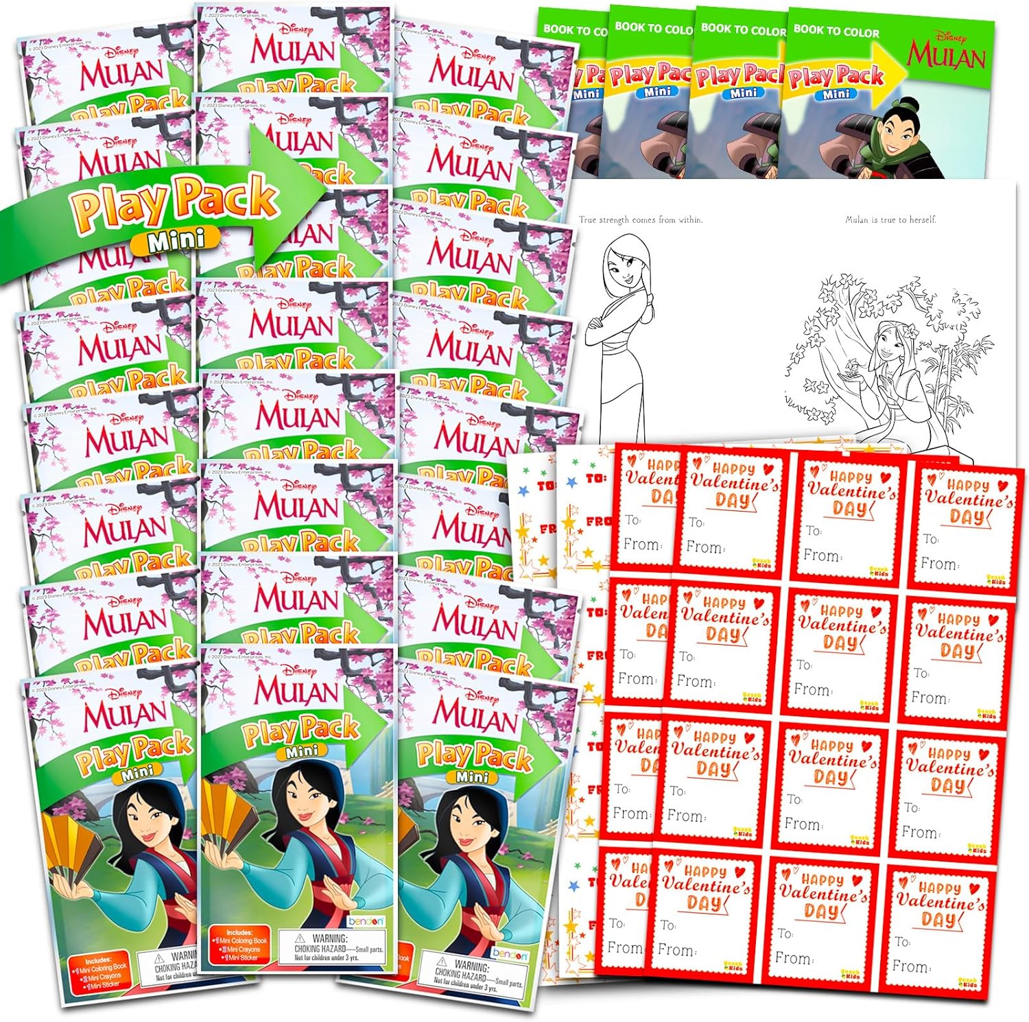 Disney Mulan Valentine's Day Classroom Gift Exchange Bundle - 24 Mini Coloring Activity Books for School, Stickers | Valentines Kids Party Favors