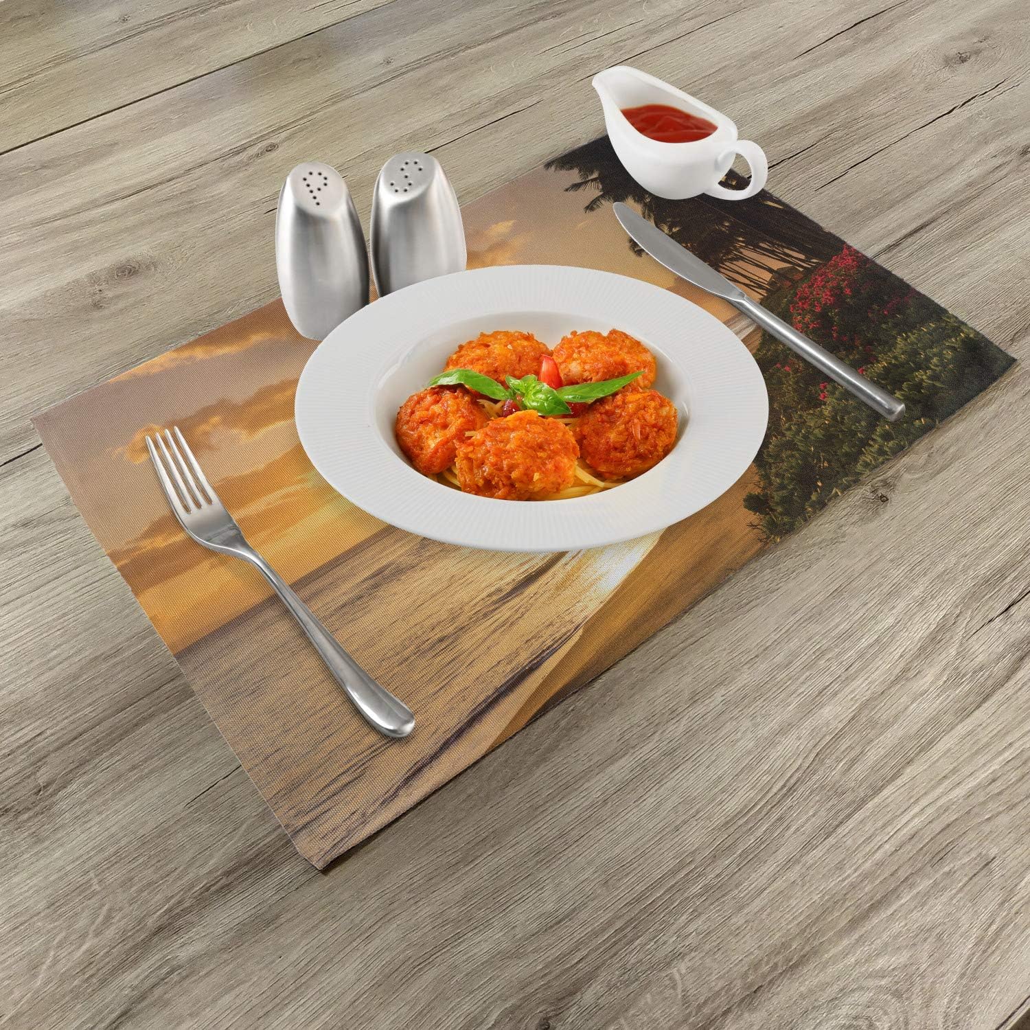 Ambesonne Hawaiian Place Mats Set of 4, Warm Tropical Sunset on Sands of Kaanapali Beach in Maui Hawaii Traveling, Washable Fabric Placemats for Dining Table, Standard Size, Cream Ivory