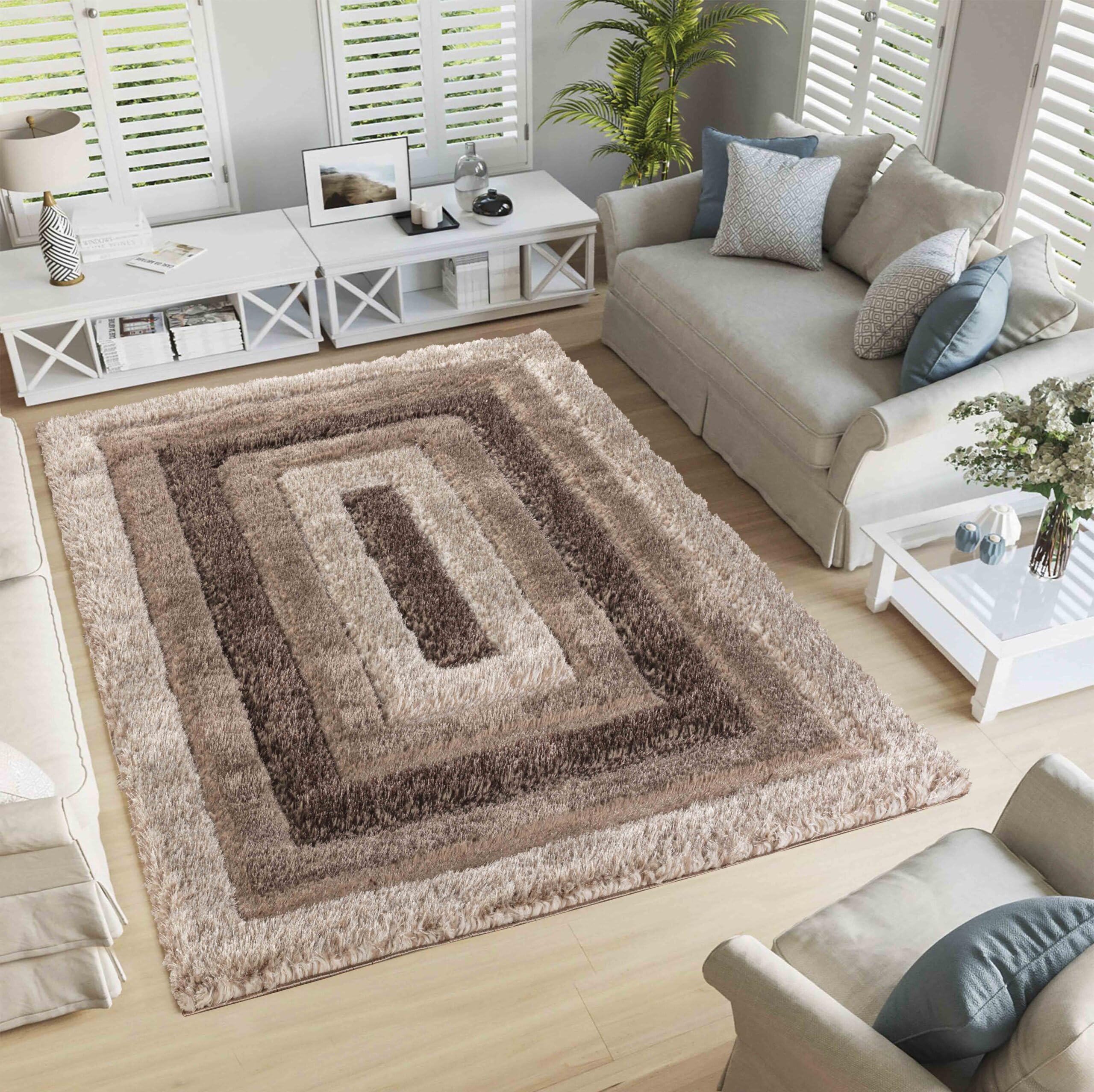 Serdim Rugs Bronze-Bordered Modern Soft Bordered Design Hand Carved Shiny Shimmer Living Room Polyester Shaggy Rugs, Bronze, 120X170cm (4'X5'6")