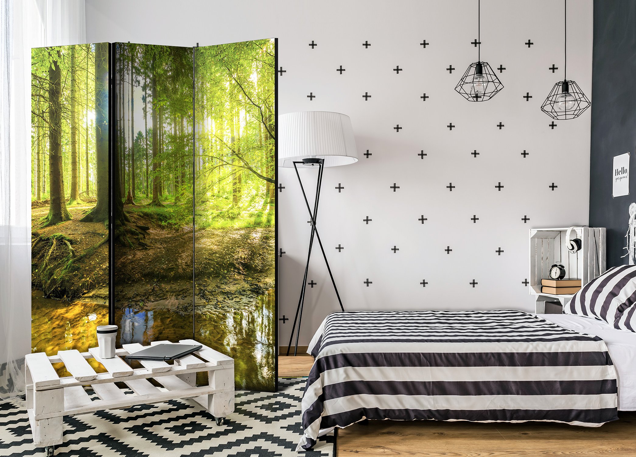 RAUMTEILER/PARAVENT B&D XXL Raumteiler Wald Baum Natur Foto Paravent 135x172 cm beidseitig auf Vlies-Leinwand Bedruckt Trennwand Spanische Wand Sichtschutz Raumtrenner Home Office grün c-B-0183-z-b