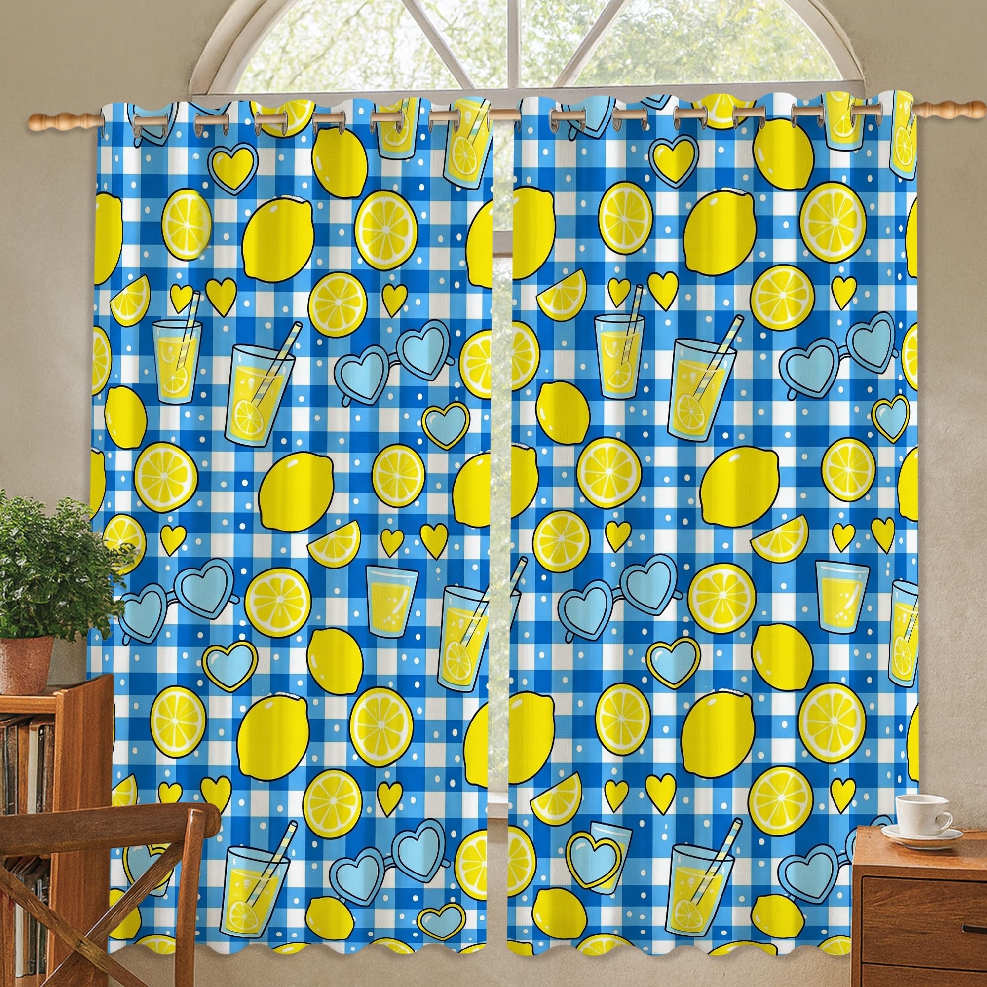Rideaux occultants bleu citron motif cœur 106,7x114,3 cm pour fenêtre