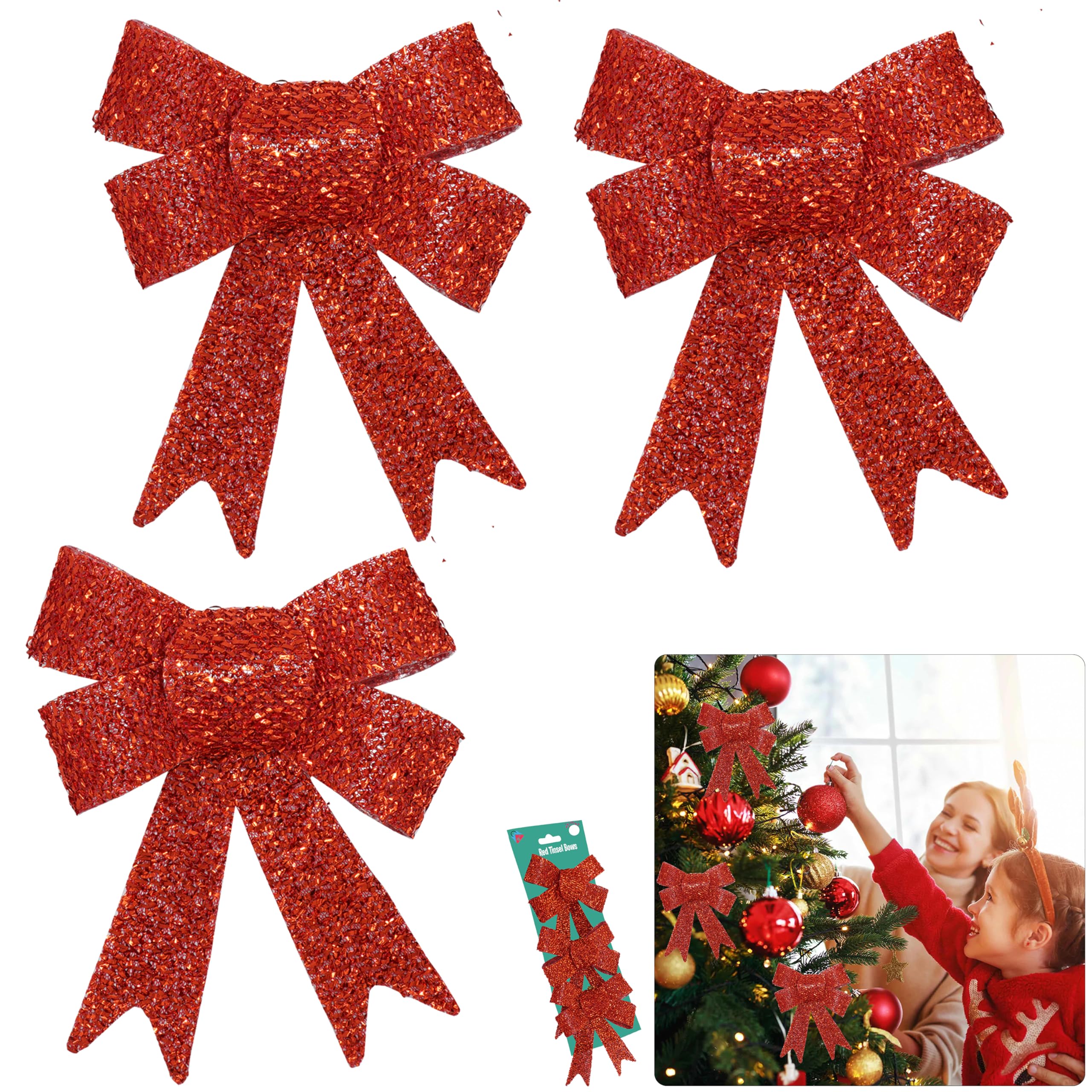 SRV Hub 3Pcs Red Glitter Christmas Bows 11cm, Decorative Xmas Bows for Tabletop Trees, Wreaths, Hanging Door Decorations, Christmas Crafts and Holiday Supplies
