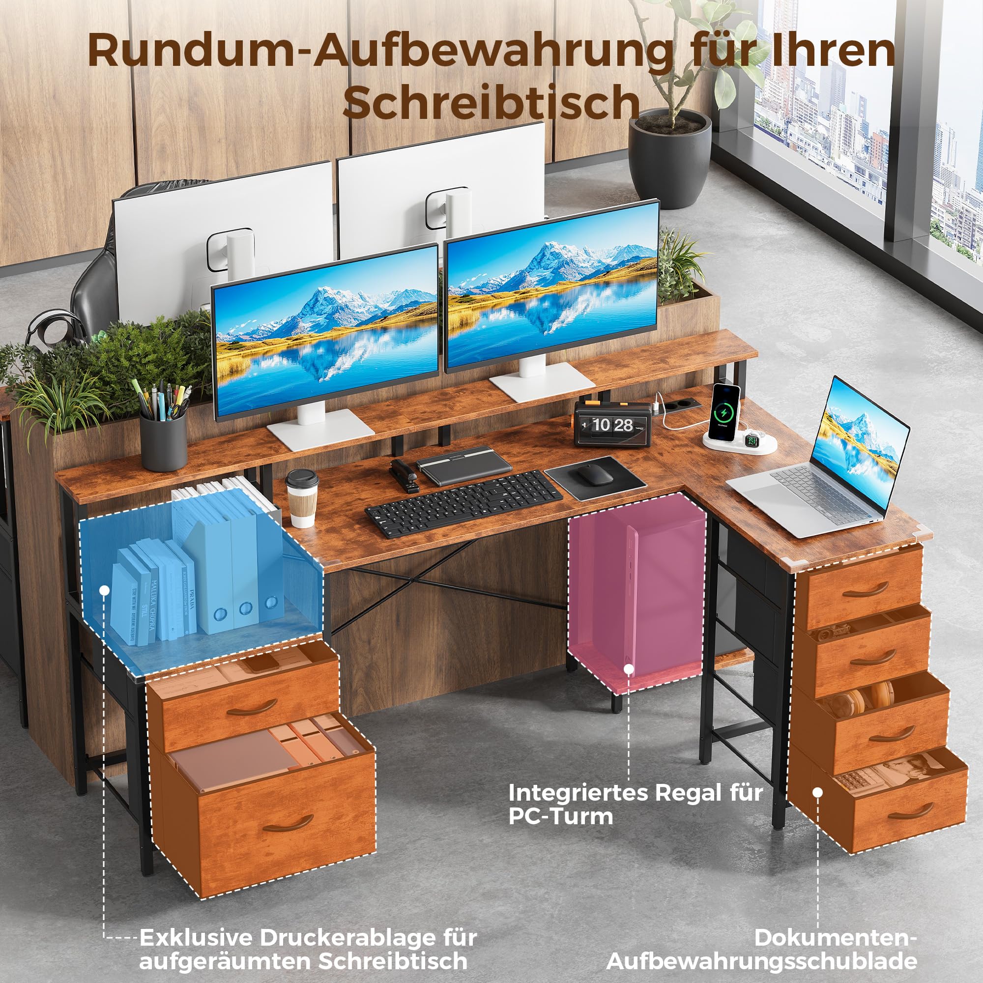 IRONCK Schreibtisch L Form Gaming Tisch mit LED & Steckdosen 2AC+1USB+1C, 189x100cm Eckschreibtisch mit 6 Schubladen&Monitorständer, Reversible Computertisch mit Stauraum für Home Office Vintage-braun