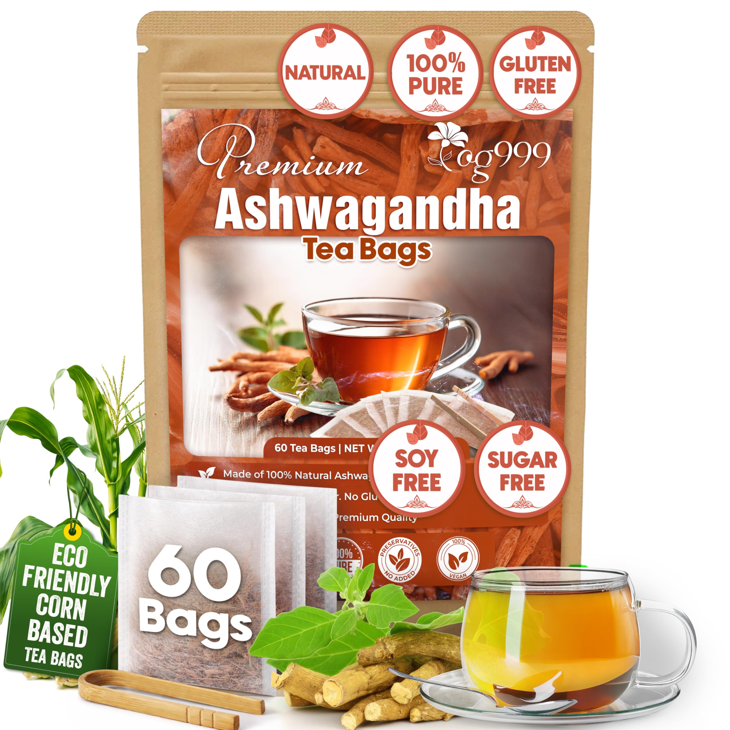 TOG999 Premium Ashwagandha Tea Bags, Ashwagandha Root Tea, 60 Bags, Vegan Ashwagandha Root 60 Bags