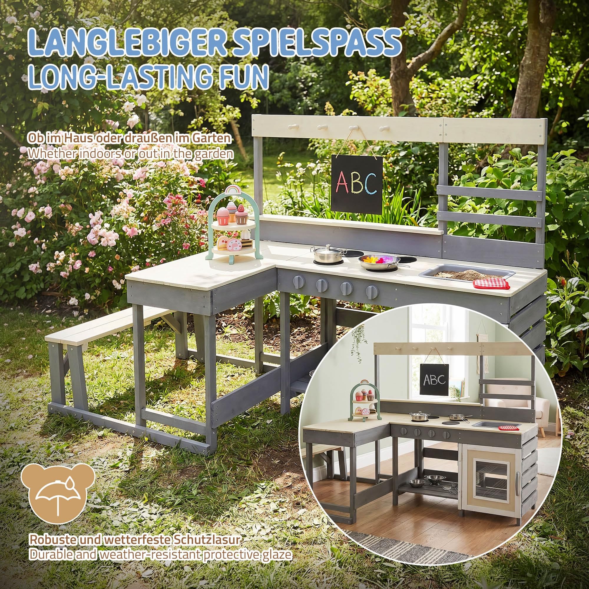 Joyz Kinderküche aus Tannenholz massiv, Spielküche mit Tisch, Sitzbank, Tafel & Küchenzubehör, Outdoor Holzküche, Wetterfeste Kinderspielküche Set, Matschküche, Spielzeugküche für Kinder ab 3 Jahren