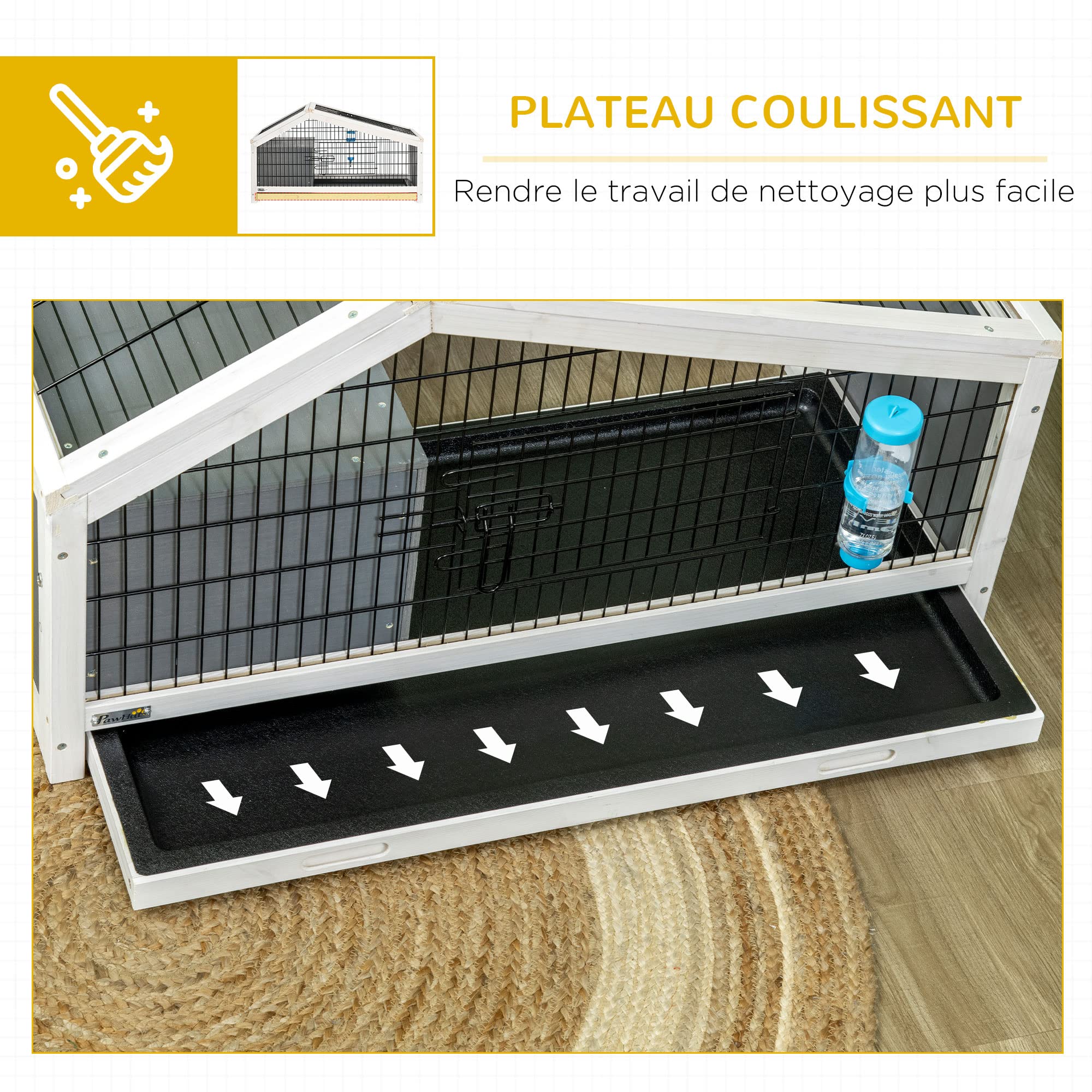 PawHut Clapier Cage à Lapin - Cage à Lapin intérieur Niche, Plateau déjection, Porte et Toit ouvrant verrouillables, Abreuvoir - Acier Noir Sapin Gris Blanc