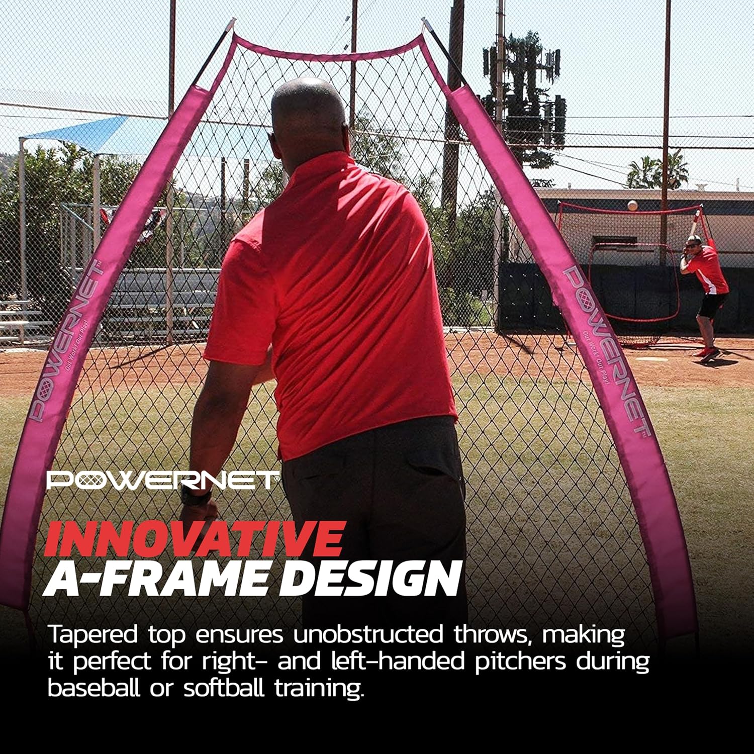 PowerNet Portable Baseball Practice Net for Pitching and Hitting, Outdoor Softball Training Equipment, Pop Up Batting Cage Net Coach Shield, 7 FT A-Frame Screen (Pink)
