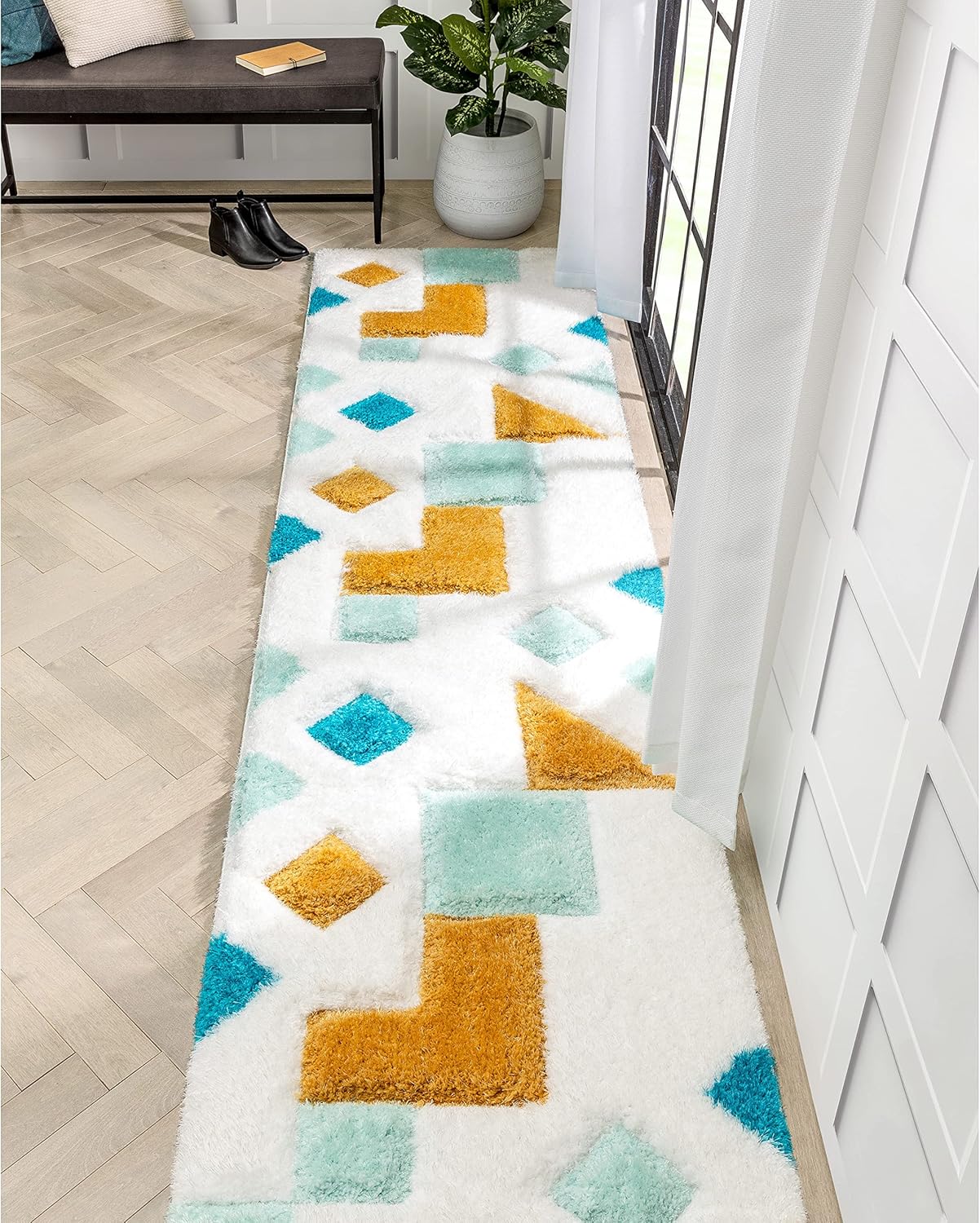 Well Woven Abbi Blue Boxes & Circles Thick Soft Plush 3D Textured Shag Runner Rug (2'7" x 9'10") 2'7" x 9'10" (Runner) Abstract Blue