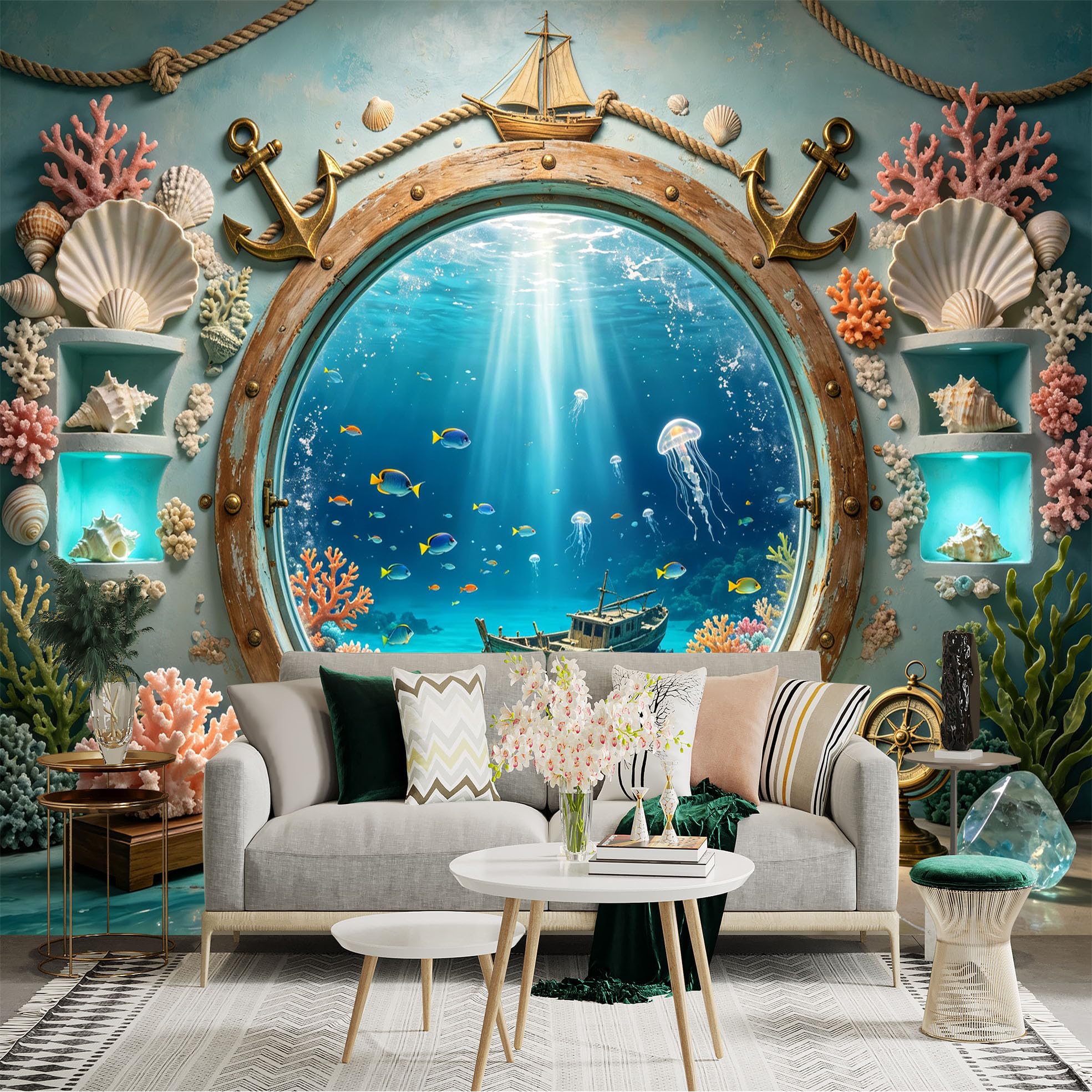 Custom Size Wall Sticker Mural， Underwater Ocean View， Coral Reef， Nautical Porthole， Tropical Fish， Sunken Ship， for wall Decoration， peelandstick wall Decals.