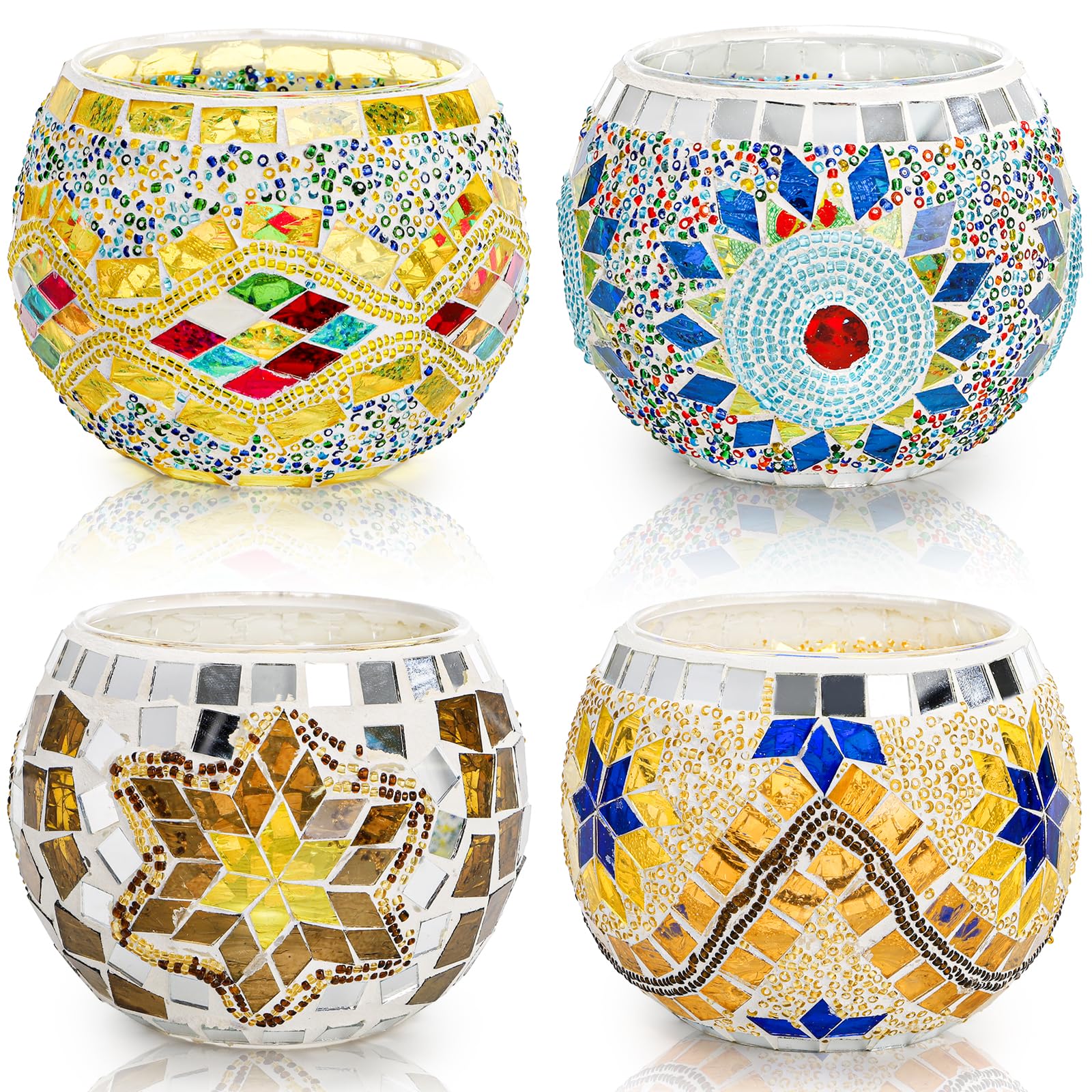 DEAYOU 4 Pack Glass Candle Holders Mosaic, Decorative Glass Tealight Votive Holder Bowl, Scented Candle Stand for Lighting Decor, Gift, Aromatherapy, Also Used as Vase, Pen Holder, Potted Plant Bowl