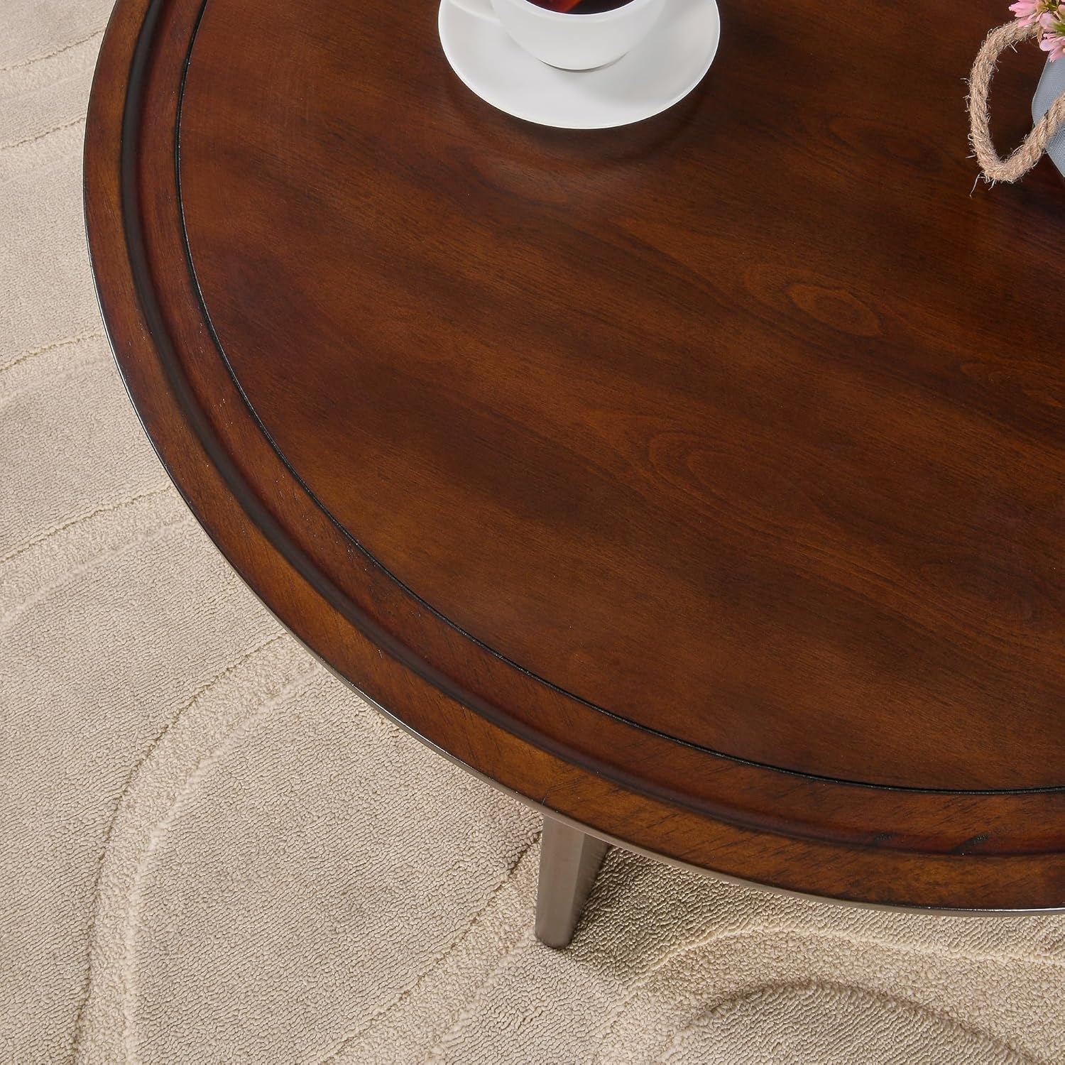 PADMA HOUSE Small Round Wood Coffee Table with Shelf, Farmhouse Cocktail Table for Living Room, Solid Circle Center Wooden Table, Dark Cherry Wood Tabletop & Legs 31.9" x 31.9"