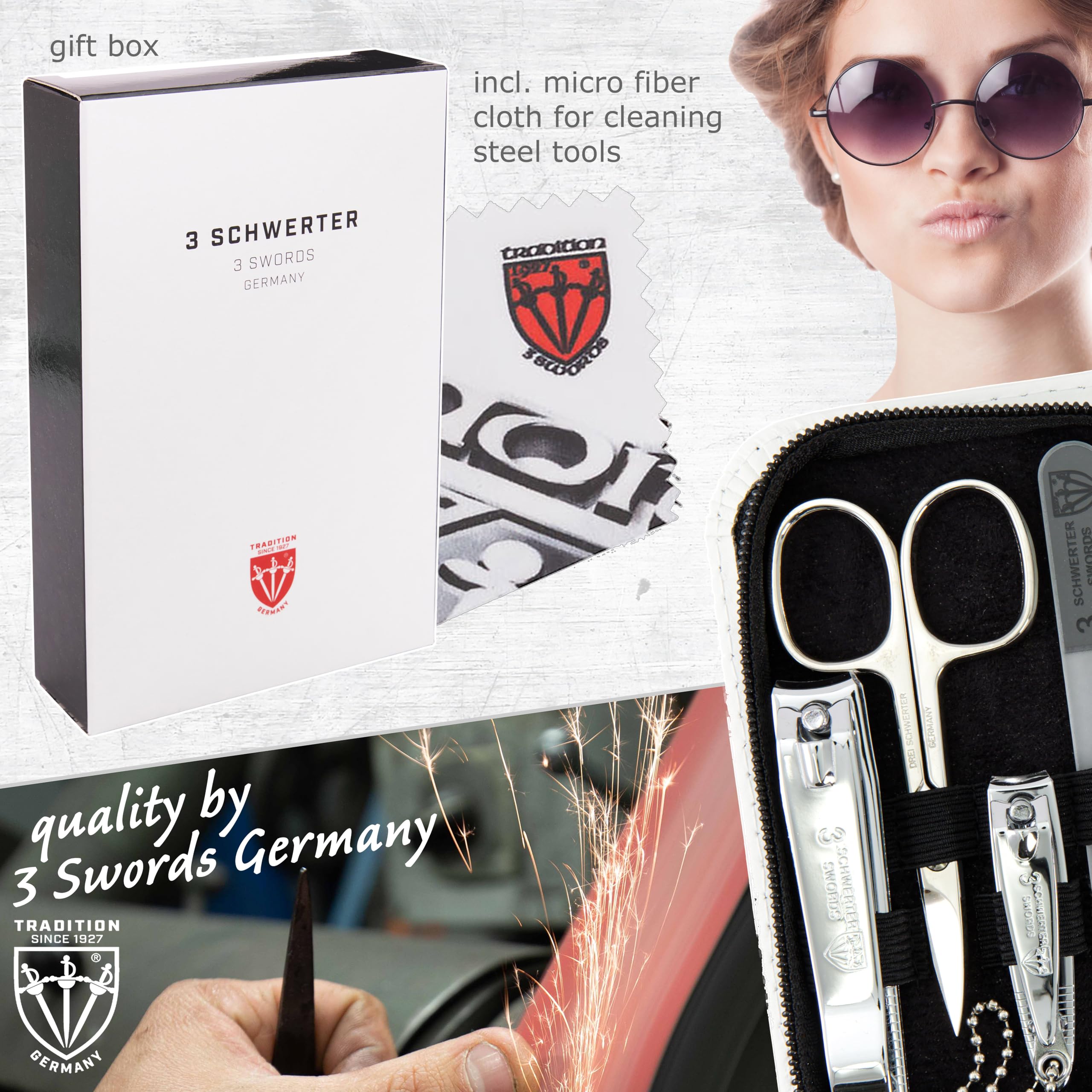 Swords Germany - Set di 8 pezzi per manicure e pedicure, per la cura professionale delle unghie, custodia in vera pelle bianca, Made in Germany