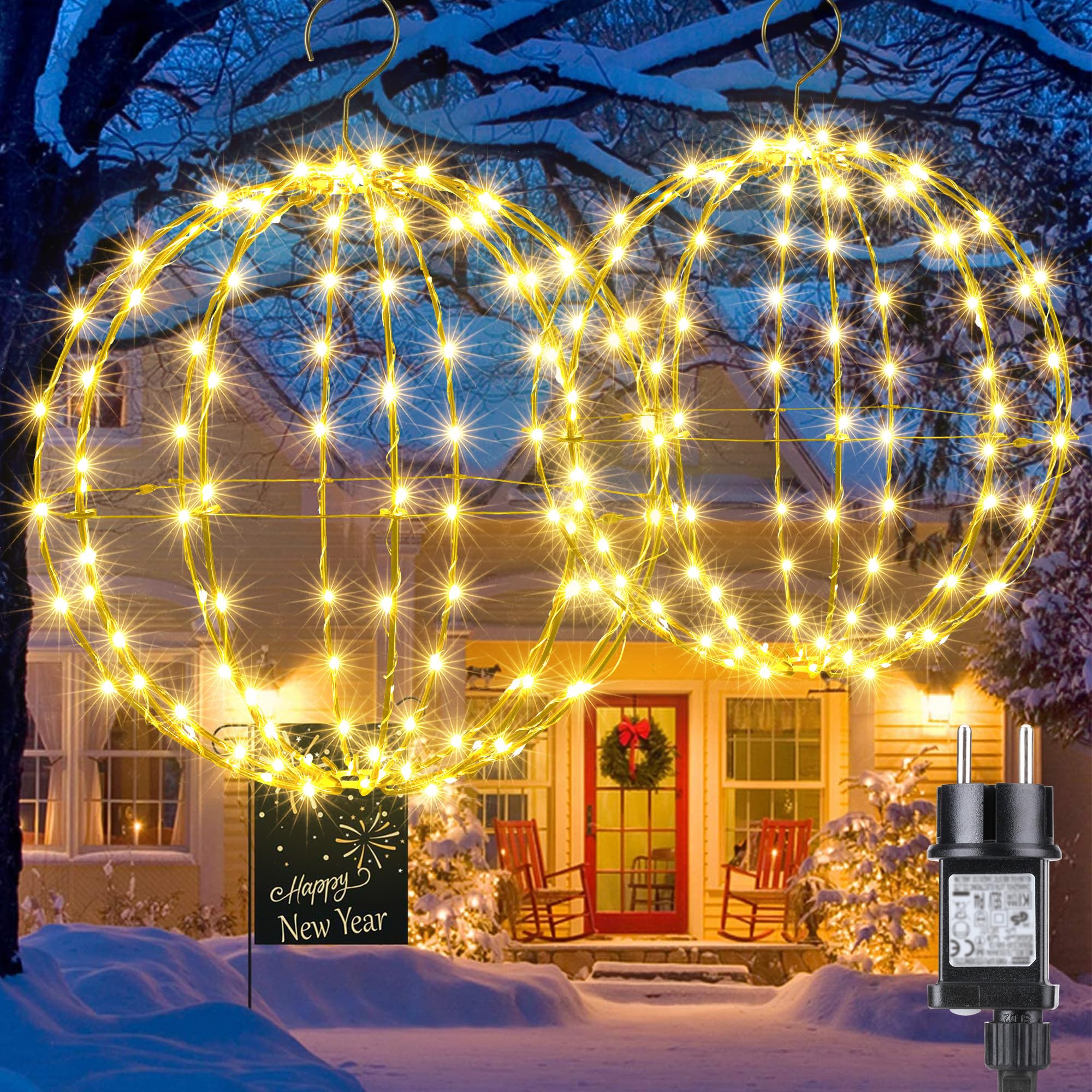 Lot De 2 Boules Lumineuses Noël Extérieur - 33 Cm Et 28 Cm, LED Blanc Chaud, 8 Modes, Minuterie, étanche IP44