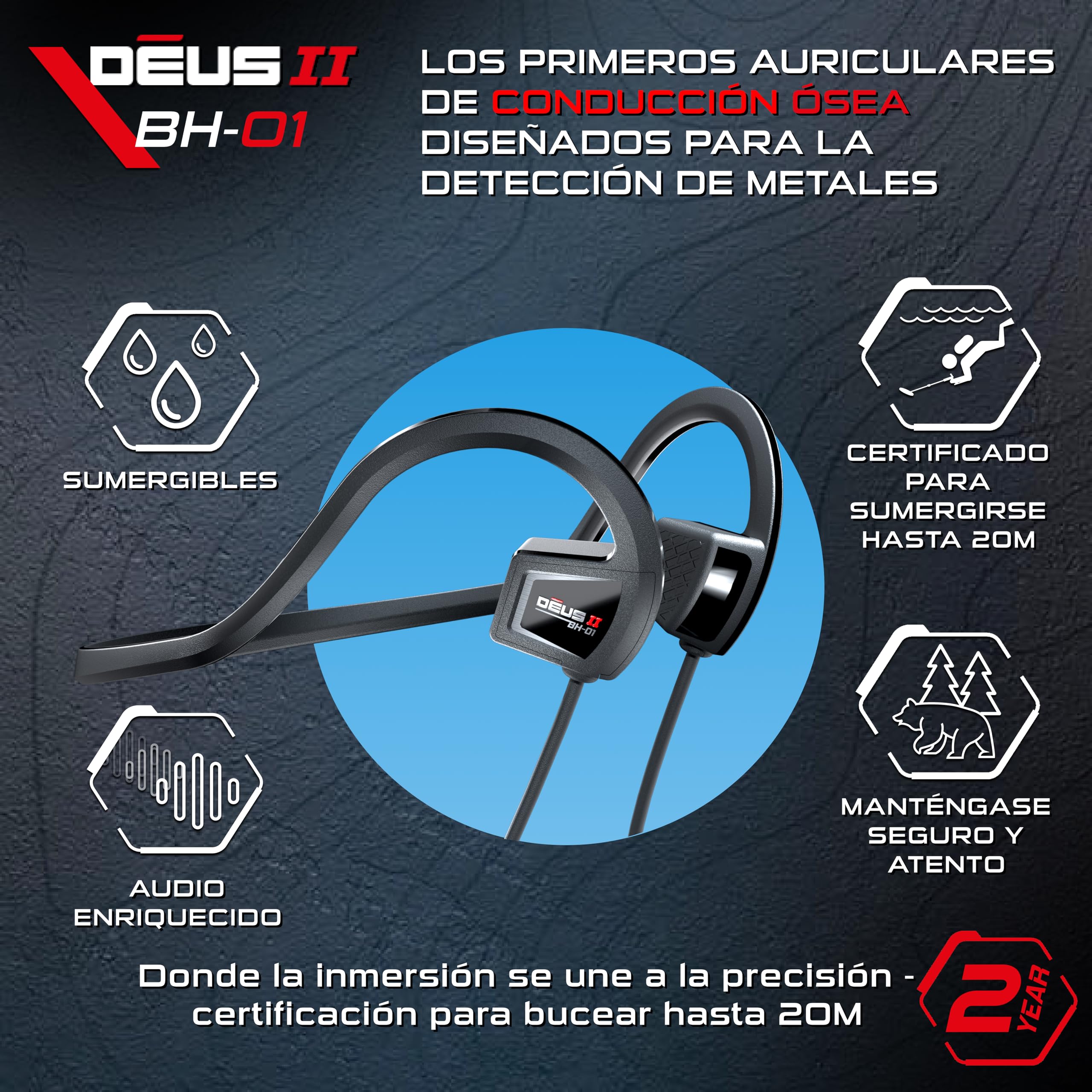 XP METAL DETECTORS BH-01, casco de conducción ósea con cable, diseñado para Le Deus II - Casco impermeable para detección de metales submarinos de hasta 20 m - certificado IP68