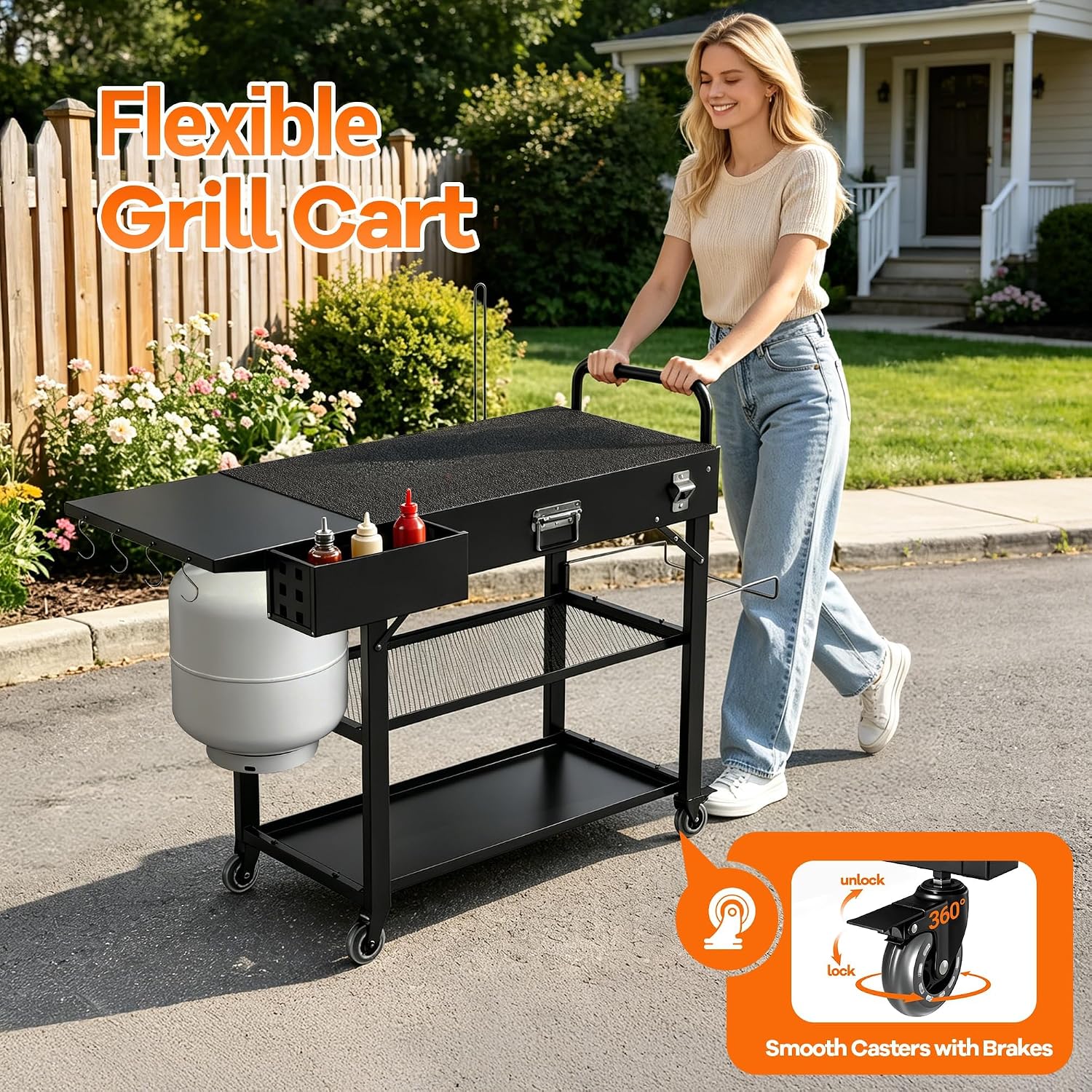 Grill Cart for Blackstone Griddle, Outdoor Grill Table for Ninja | Foldable Pizza Oven Stand Grill Stand Fit 17 or 22 Inch Tabletop Griddle, Portable BBQ Prep Station with Tool Hooks & Wheels