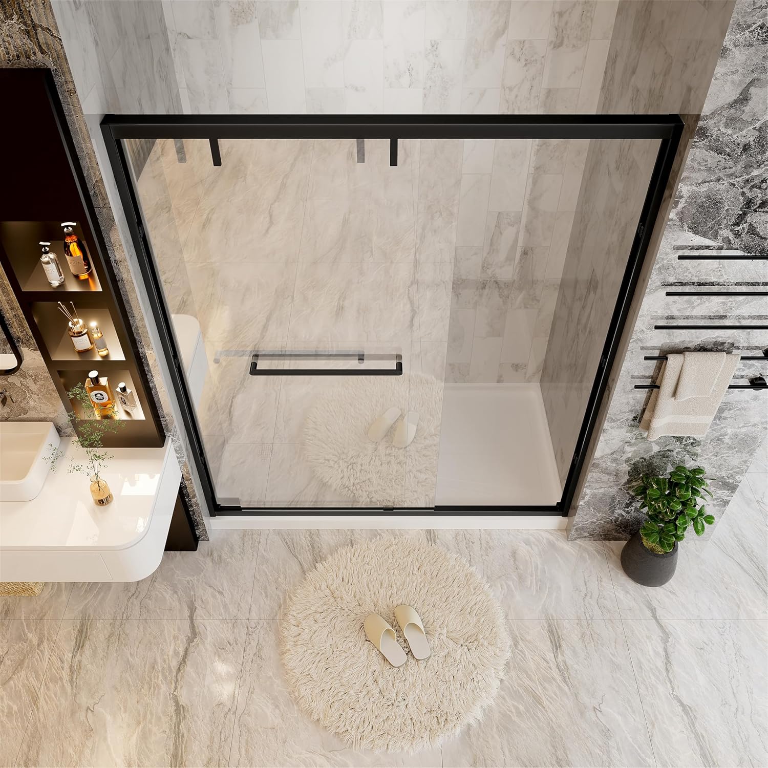 62-66 in. W x 76 in. H Semi-Frameless Double Sliding Shower Door, 2 Bypass Glass Shower Door, with 5/16" (8mm) SGCC Tempered Glass, Matte Black