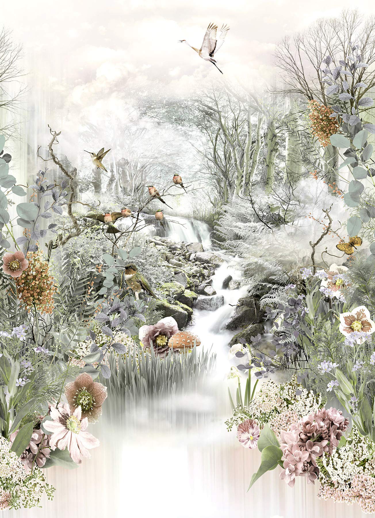 Komar Fototapeta FABLE | 184 x 254 cm - tapeta, dekoracja ścienna, Japonia, ogród, kwiaty, ptak, las, rzeka, sztuka, sypialnia, salon | 4-203