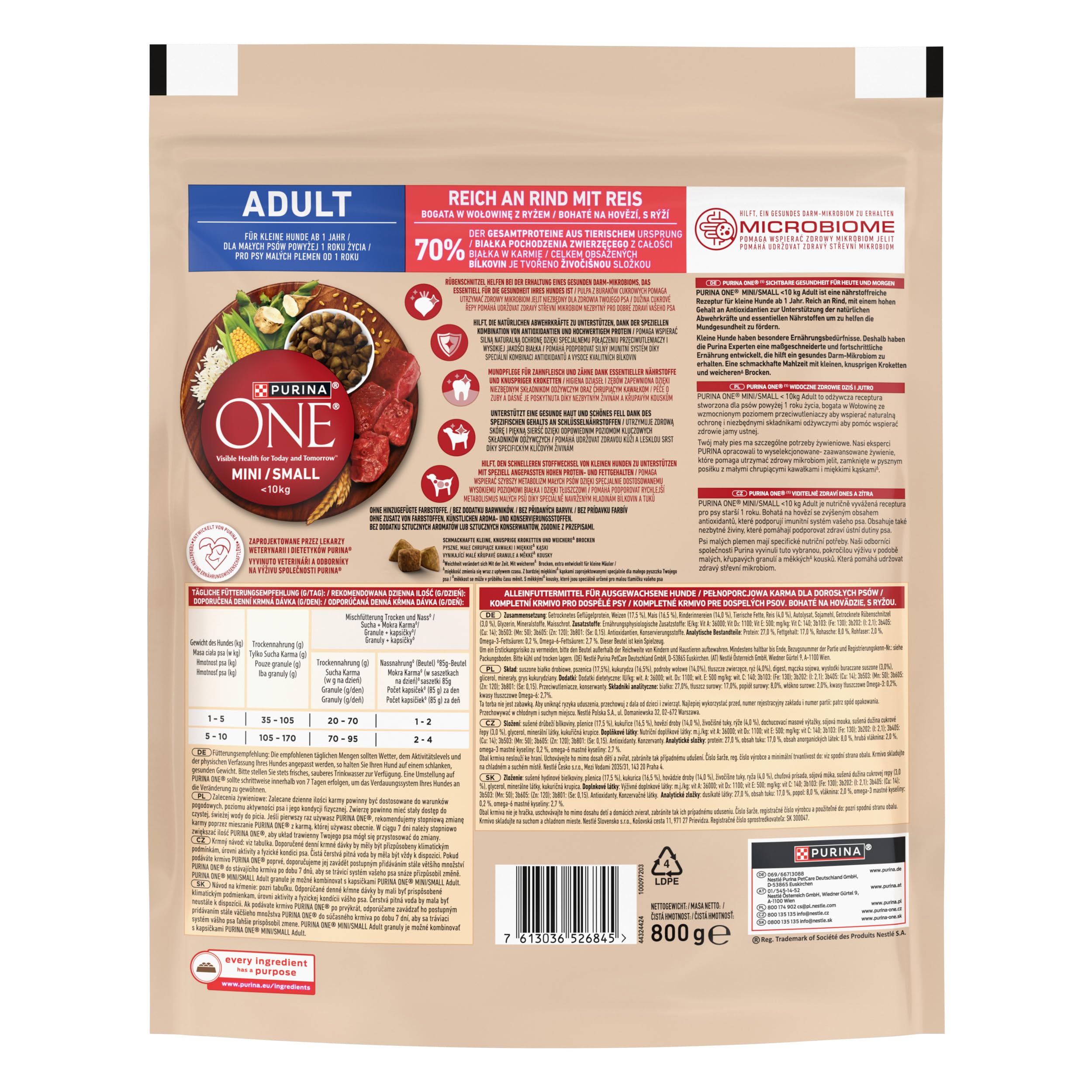 PURINA ONE Mini/Small Delicate karma dla psów sucha dla małych psów, bogata w łososie i ryż, 8 sztuk w opakowaniu (8 x 800 g)