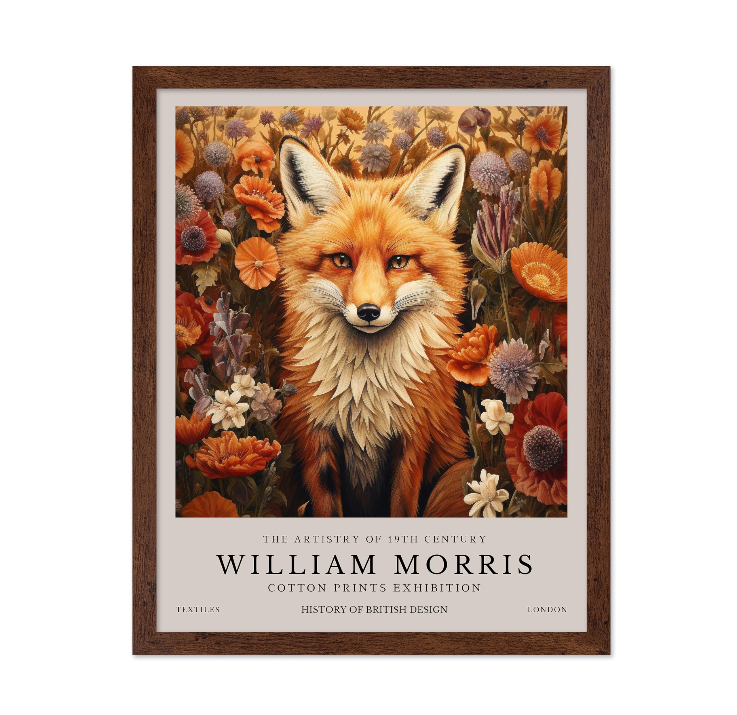 Poster Master William Morris Poster - Fox and Flowers Print - Flower Art - Botanical Art - Animal Art - Exhibition Art - Floral Art - Aesthetic Office or Living Room Decor - 16x20 Brown Framed