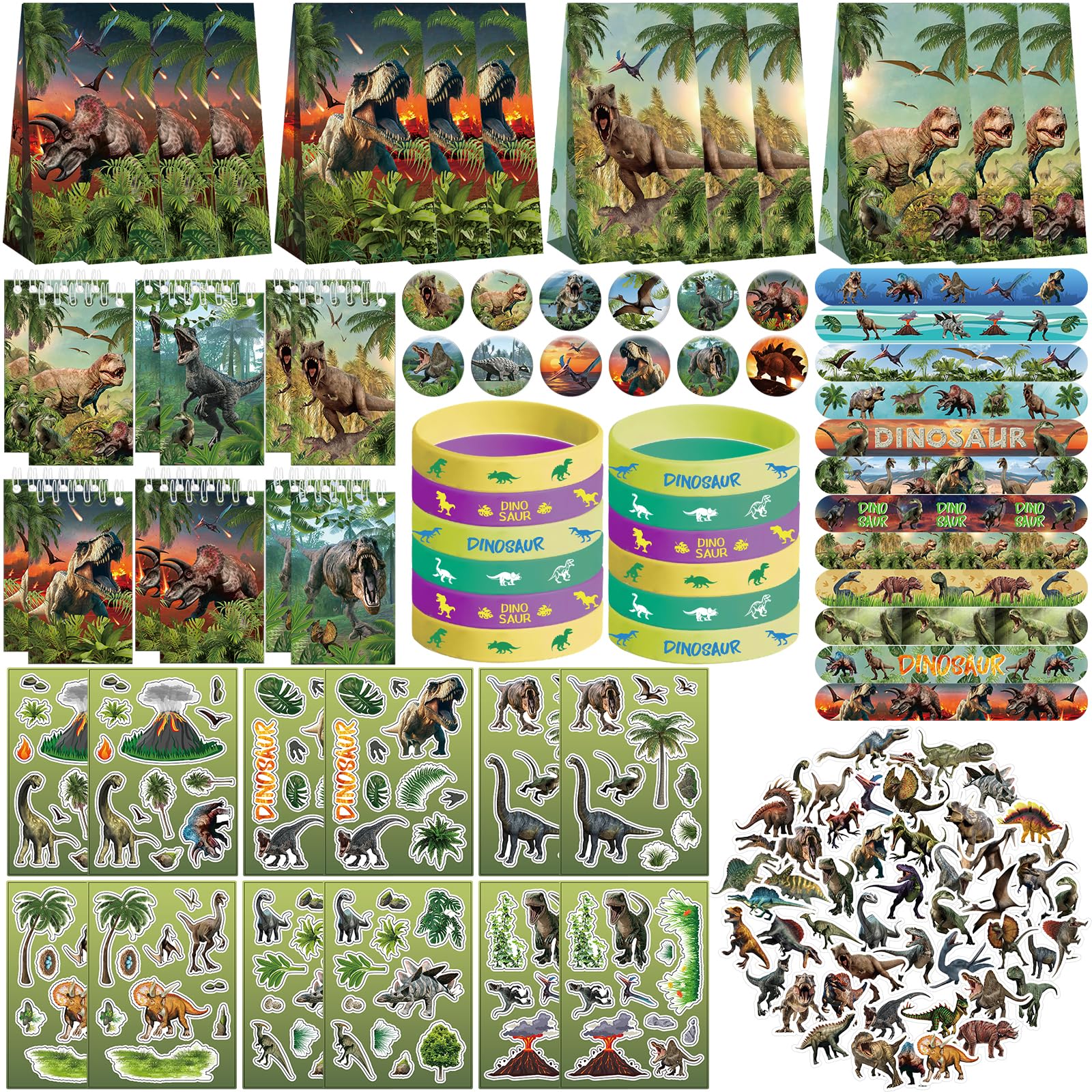 Dinosauro Party Favour Supplies: Sacchetti Regalo, Adesivi, Distintivi, Braccialetti per Feste di Compleanno a Tema