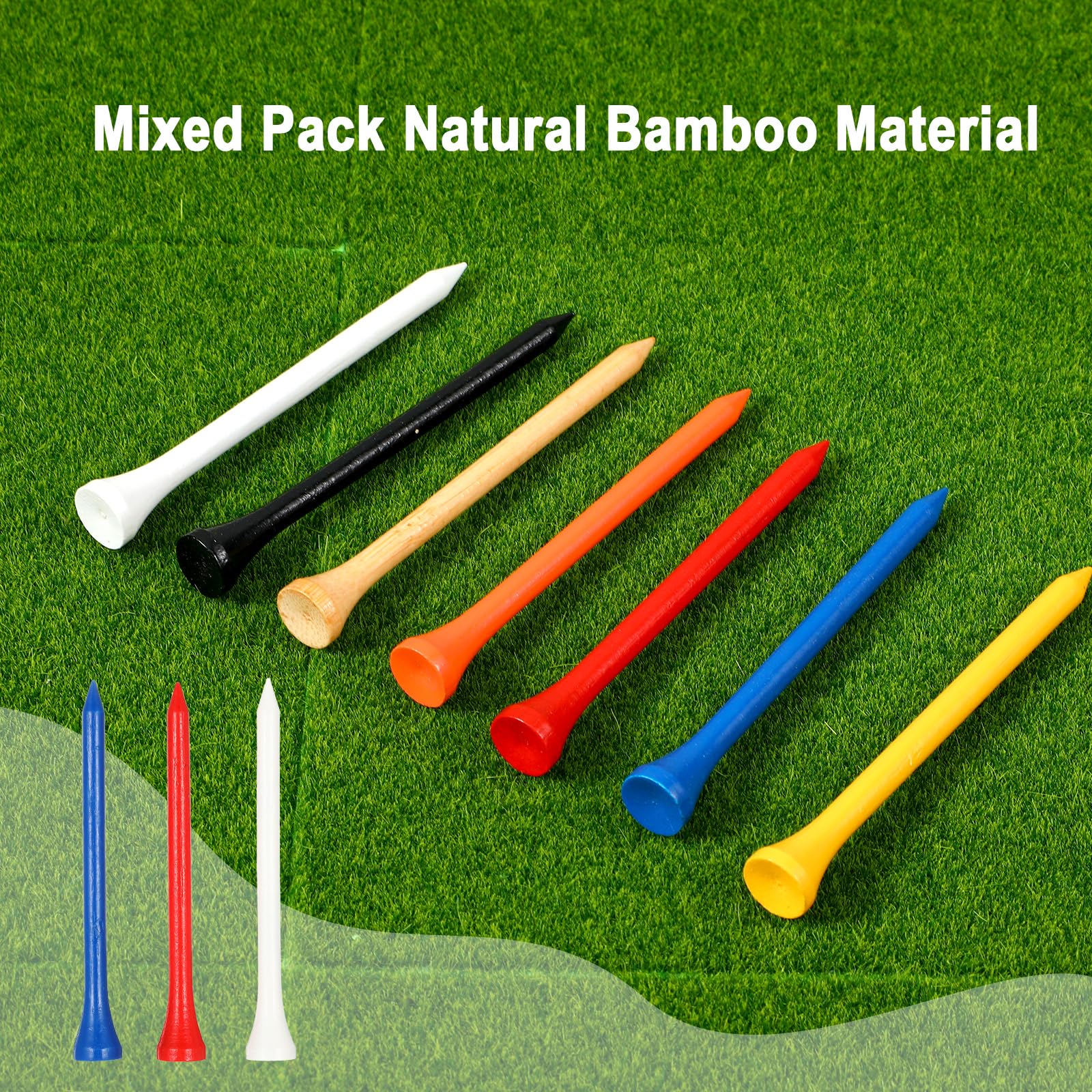 Nogeqi 100 tees de golf de madera de bambú, 70 mm, 38 mm, entrenamiento para golfistas, profesionales de madera natural, menos fricción (varios colores)