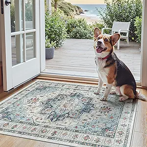 Madane Washable Entry Rug 3x4, Area Rugs for Entryway Kitchen Bathroom Door Mat Indoor Entrance, Vintage Floral Print Office Runner with Non Slip Rubber Backing, Blue
