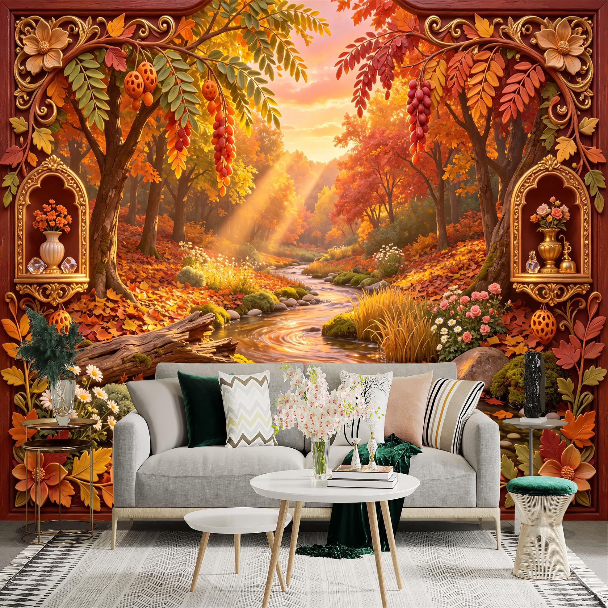 Lnzczhyre Bh260719346 Custom Size Wall Sticker Mural， Autumnal Woodland Stream， Vibrant Fall Foliage， Golden Sunlight， Decorative Floral Arch， For Wall Decoration， Peelandstick Wall Decals.