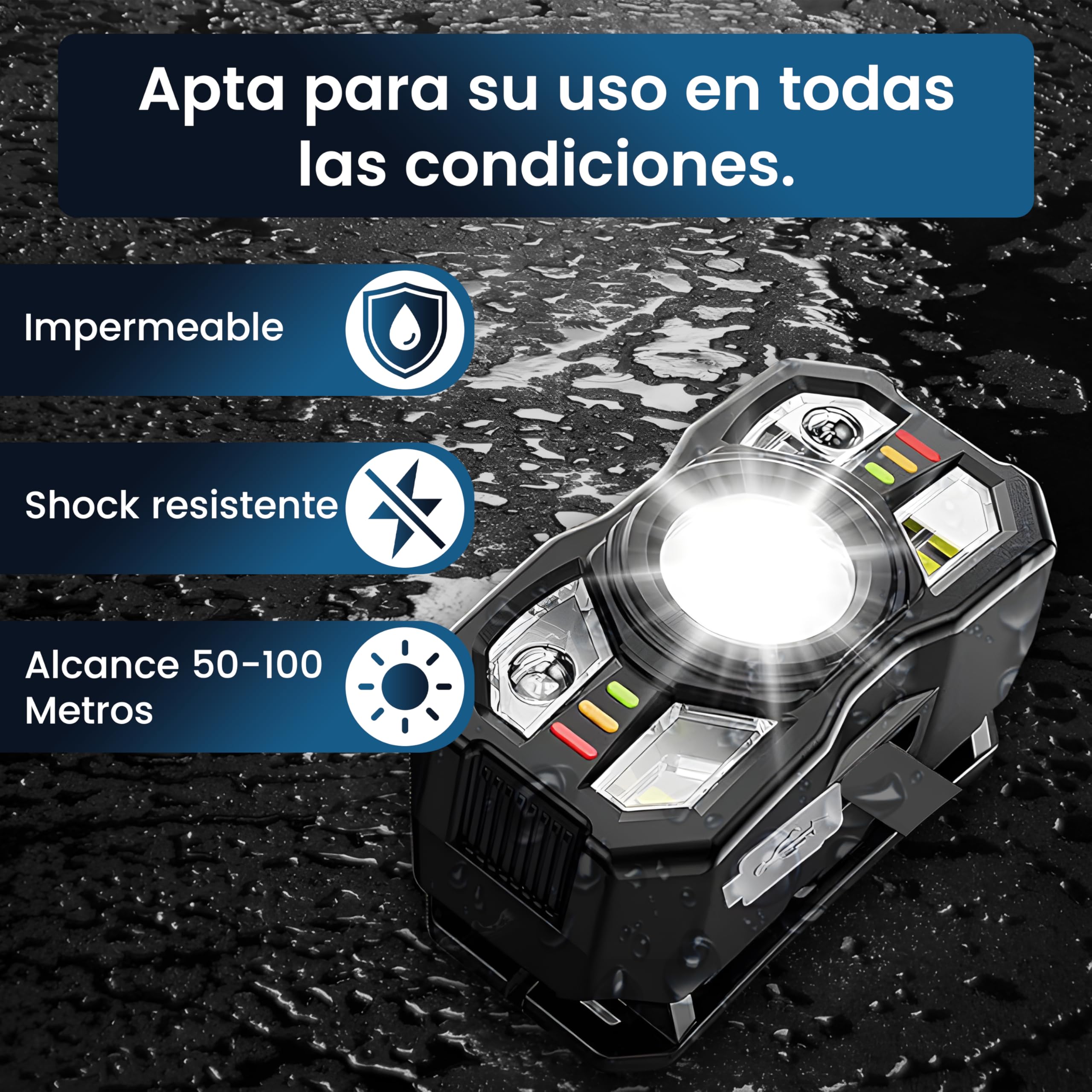 Linterna Frontal LED Recargable Alta Potencia 2000L IPX5 Impermeable 6 Modos Sensor Movimiento
