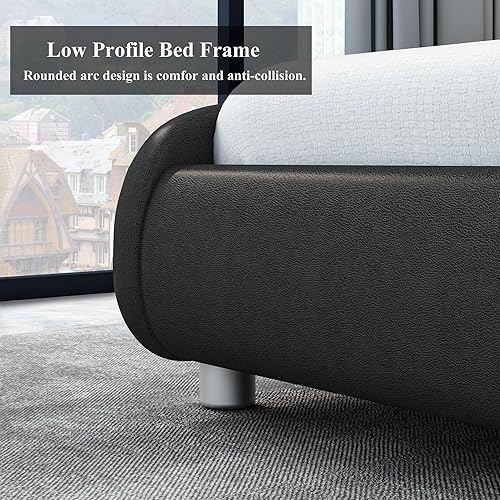 Miniatura 17 de Marco de cama de lujo tapizado en piel sintética con cabecera LED, diseño ondulado de perfil bajo, soporte de listones de madera, control remoto, no