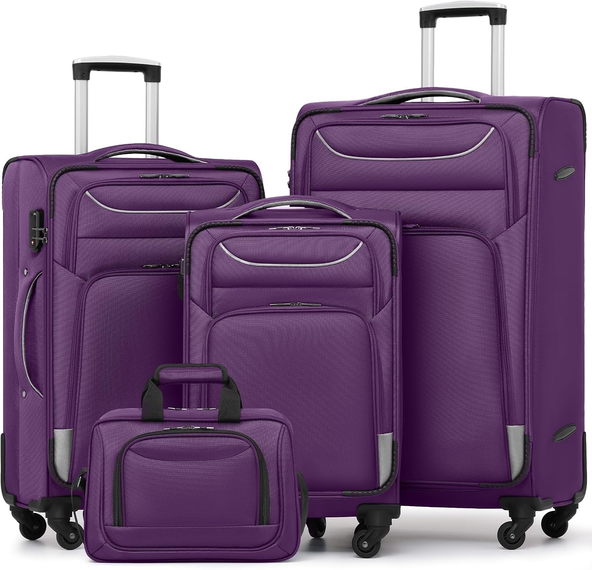 Equipaje Coolife Softshell, candado TSA, ruedas giratorias, juego de 4 piezas con bolso | Tela Oxford 1680D, forro de nailon 210D, 4 ruedas giratorias, asa telescópica, equipaje de mano IATA, asa de aluminio, cerradura TSA