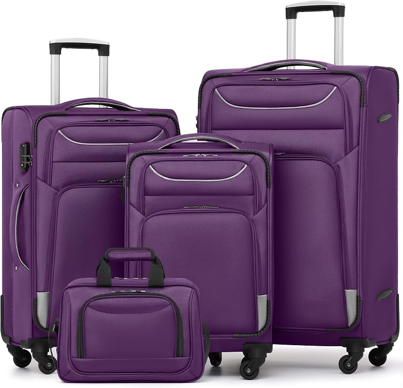 Equipaje Coolife Softshell, candado TSA, ruedas giratorias, juego de 4 piezas con bolso | Tela Oxford 1680D, forro de nailon 210D, 4 ruedas giratorias, asa telescópica, equipaje de mano IATA, asa de aluminio, cerradura TSA