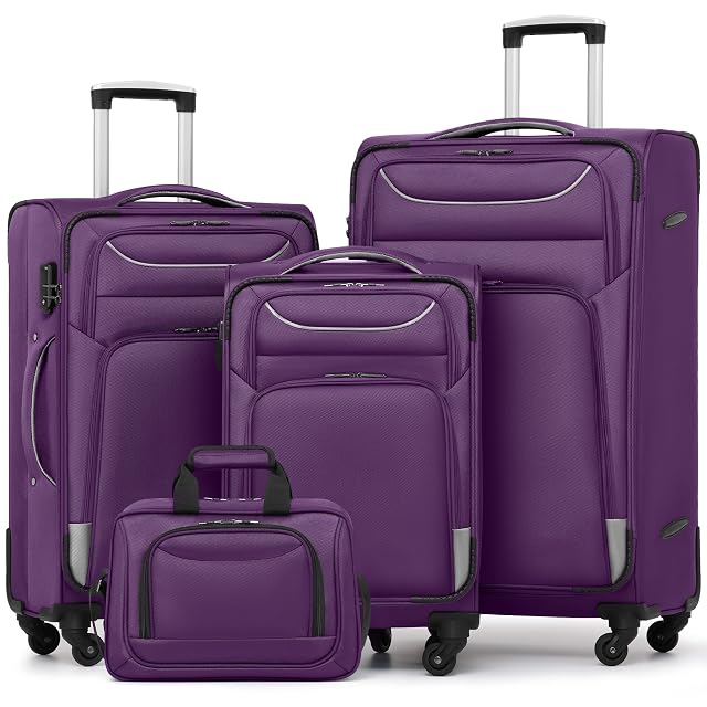 Coolife Coolife Softshell Luggage, TSA Lock, Spinner Wheels, 4-Piece Set with Tote