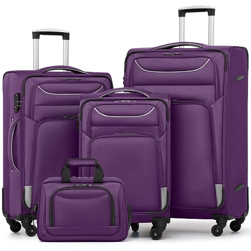 Coolife Softshell Luggage, TSA Lock, Spinner Wheels, 4-Piece Set with Tote | 1680D oxford cloth, 210D nylon lining, 4 spinner wheels, telescopic handle, IATA carry-on, aluminum handle, TSA lock