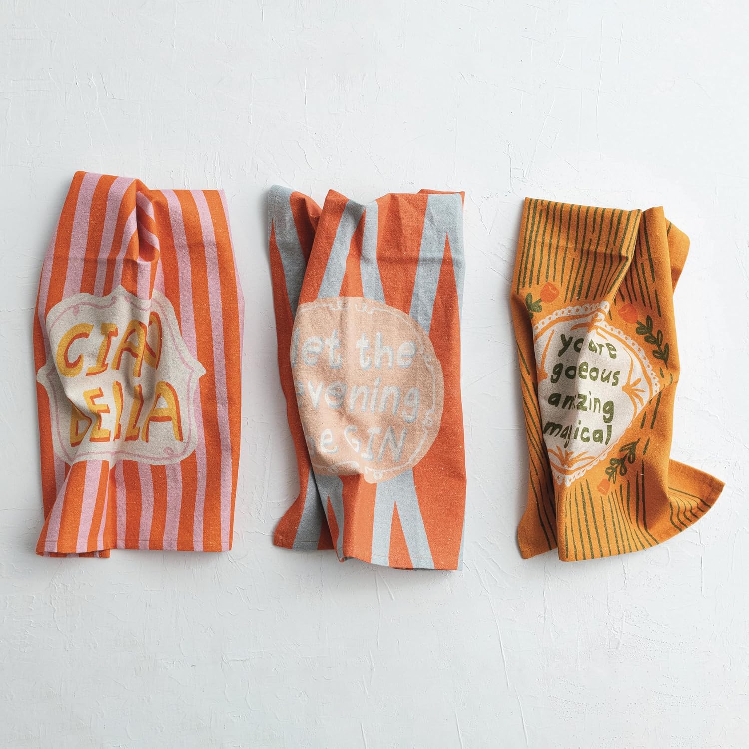 Creative Co-Op Patterned Cotton and Linen Tea Towel Set, Multicolor, Set of 3
