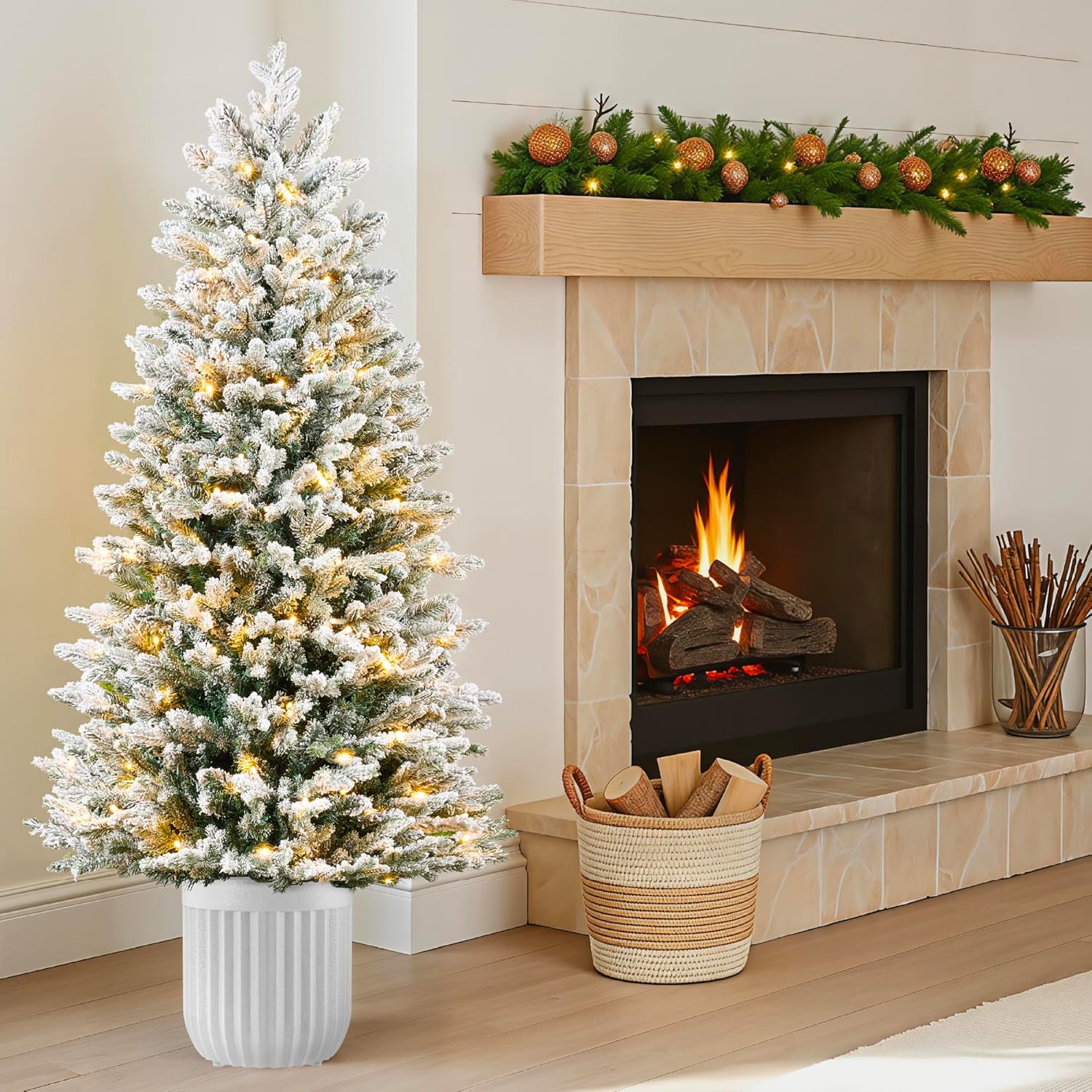 Best Choice Products Prelit Potted Pencil Christmas Tree, 6Ft Flocked Realistic Artificial Lighted Holiday Décor, 250 Twinkling LEDs for Home, Porch