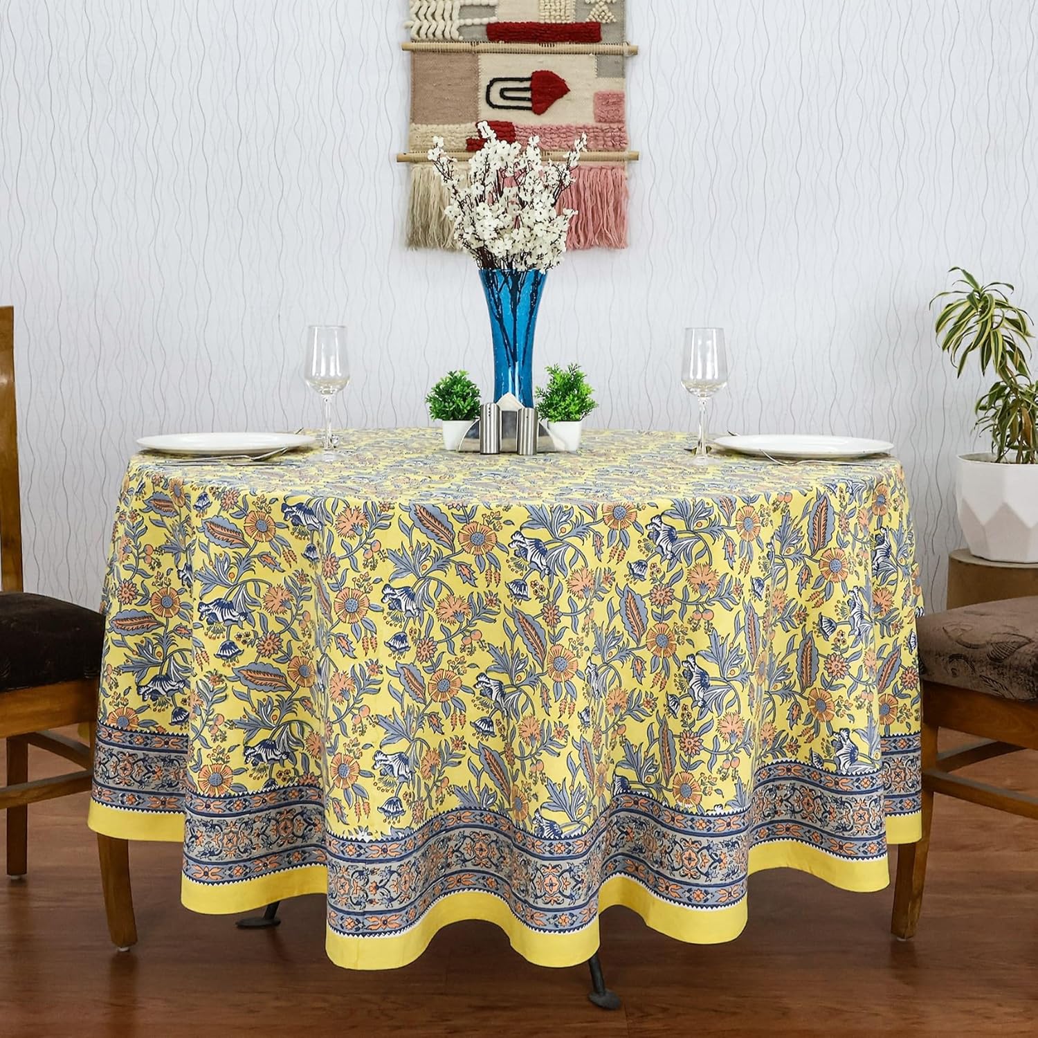 90 Inches Round Hand Block Printed Cotton Tablecloth, Blue Yellow Floral Table Cloths Washable, Indian Table Linen for Valentine Gifts Home Decor Dinning Outdoor